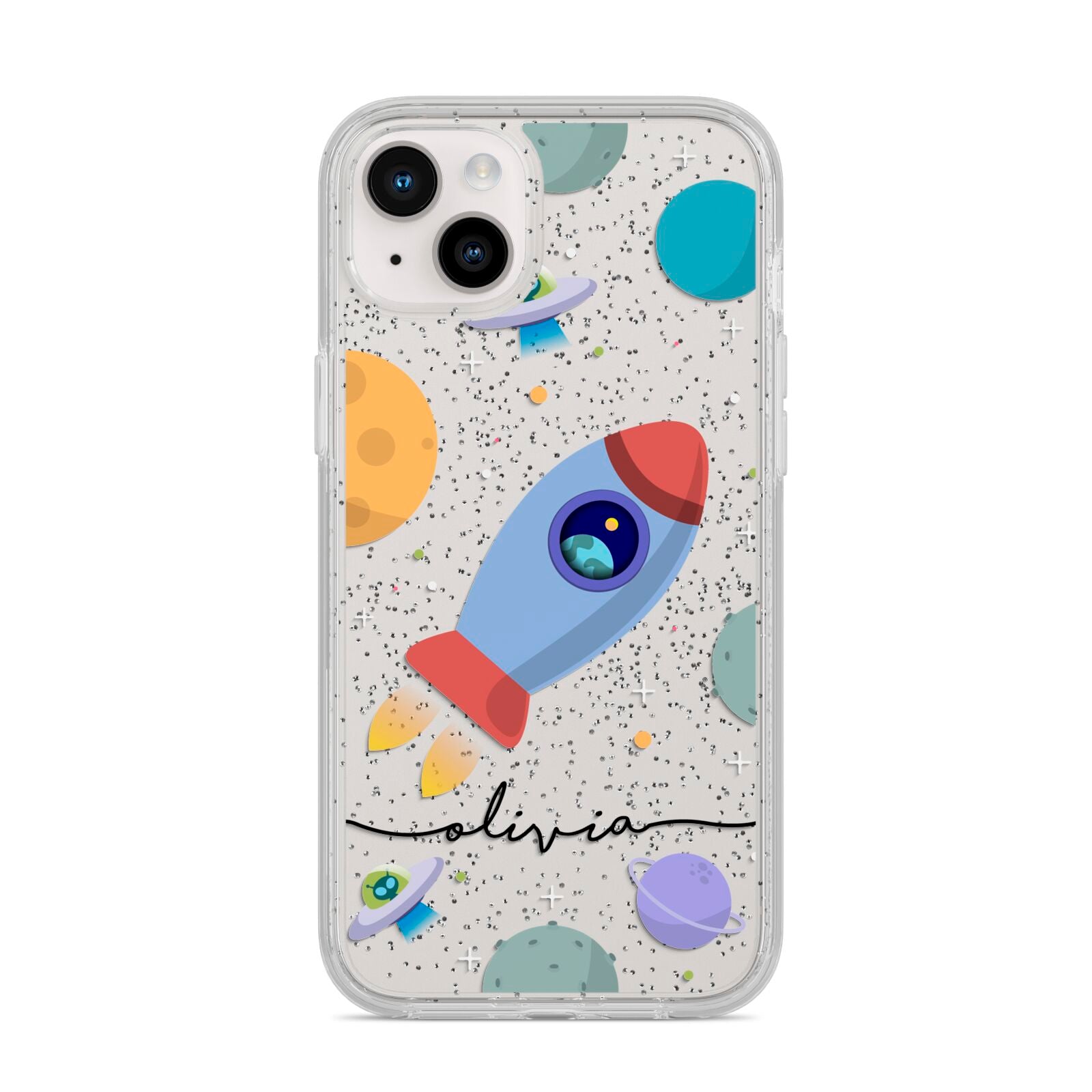 Cartoon Space Artwork with Name iPhone 14 Plus Glitter Tough Case Starlight