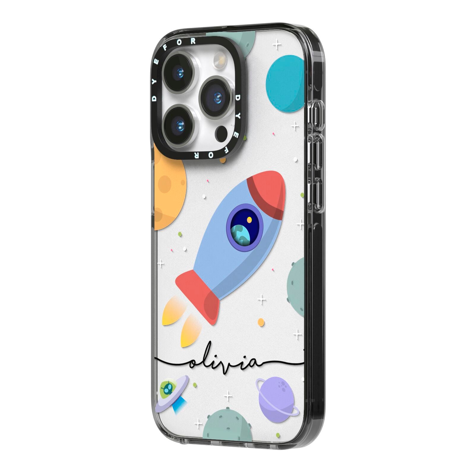 Cartoon Space Artwork with Name iPhone 14 Pro Black Impact Case Side Angle on Silver phone