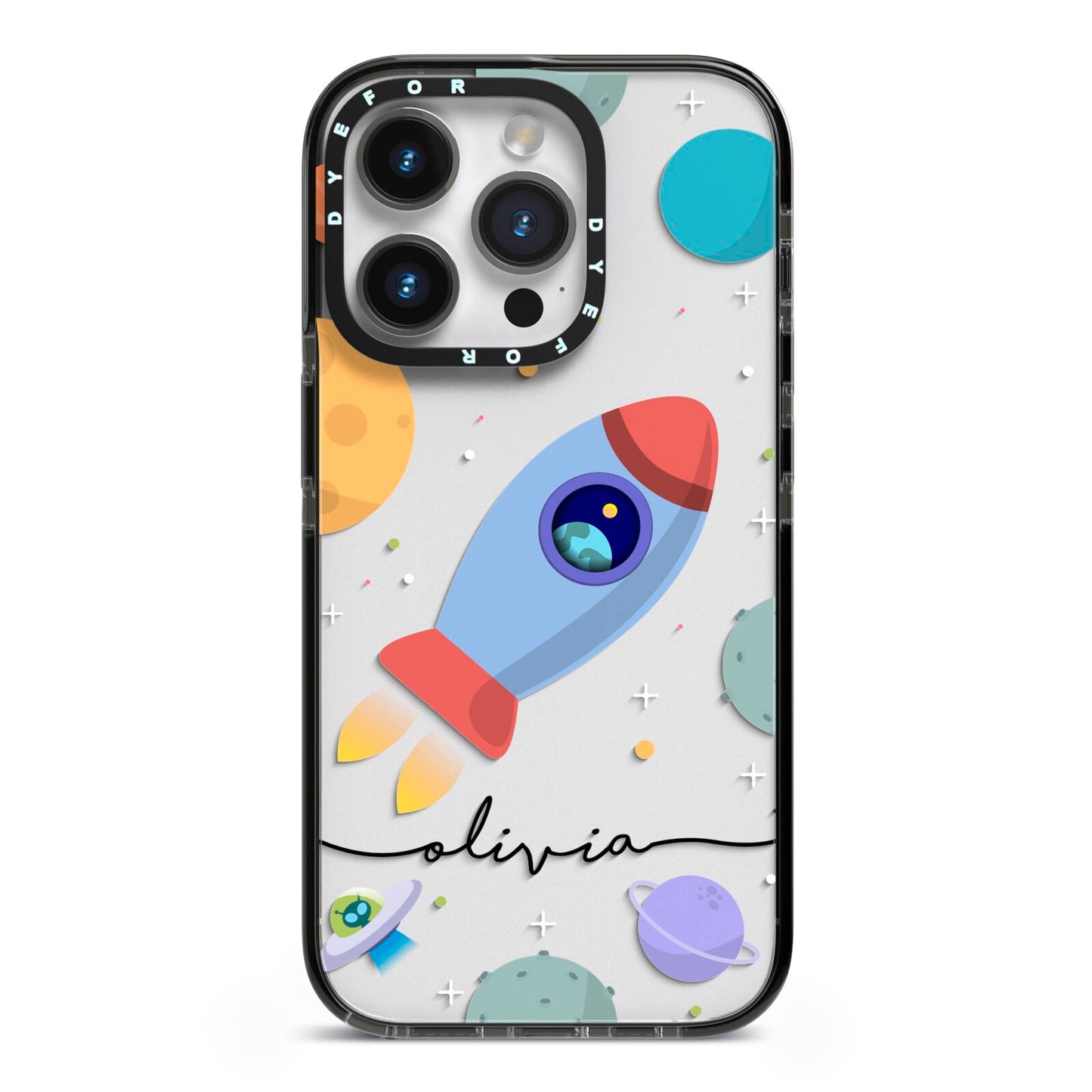Cartoon Space Artwork with Name iPhone 14 Pro Black Impact Case on Silver phone