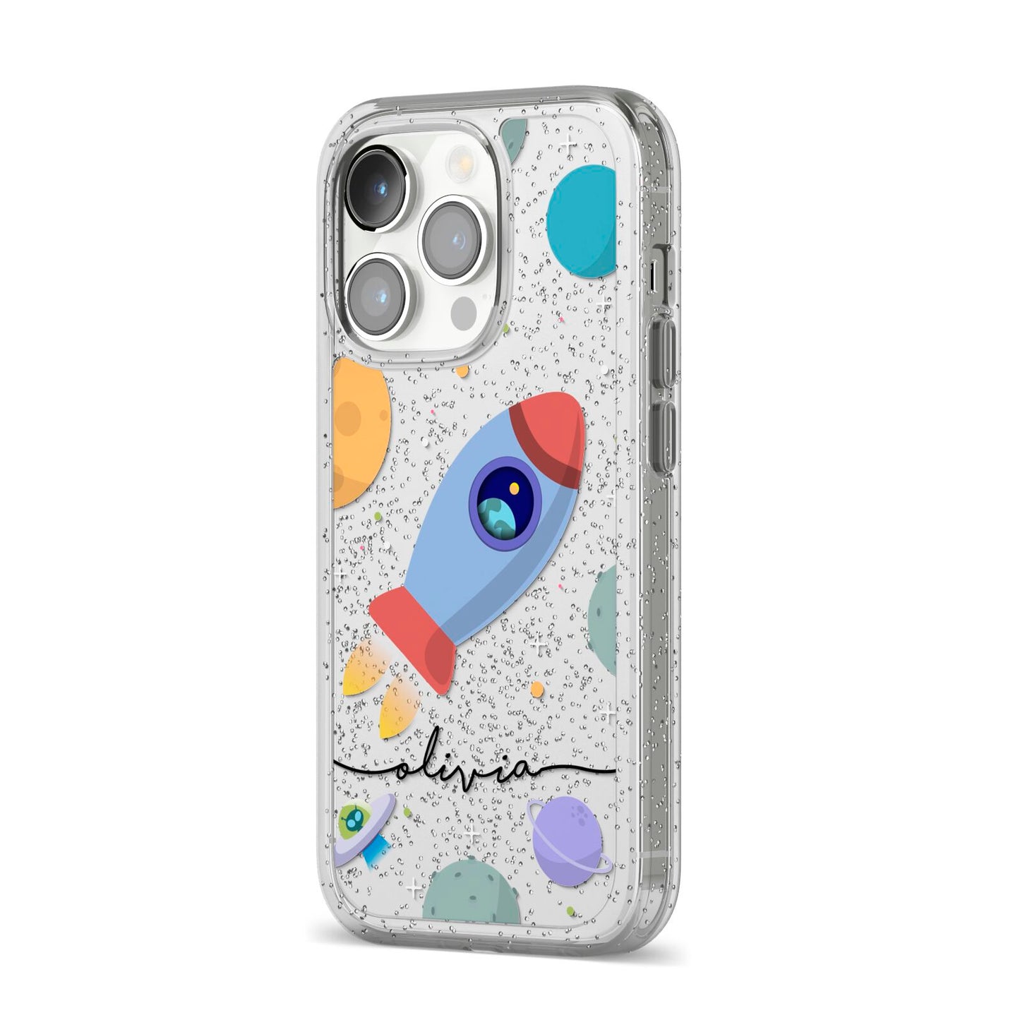 Cartoon Space Artwork with Name iPhone 14 Pro Glitter Tough Case Silver Angled Image