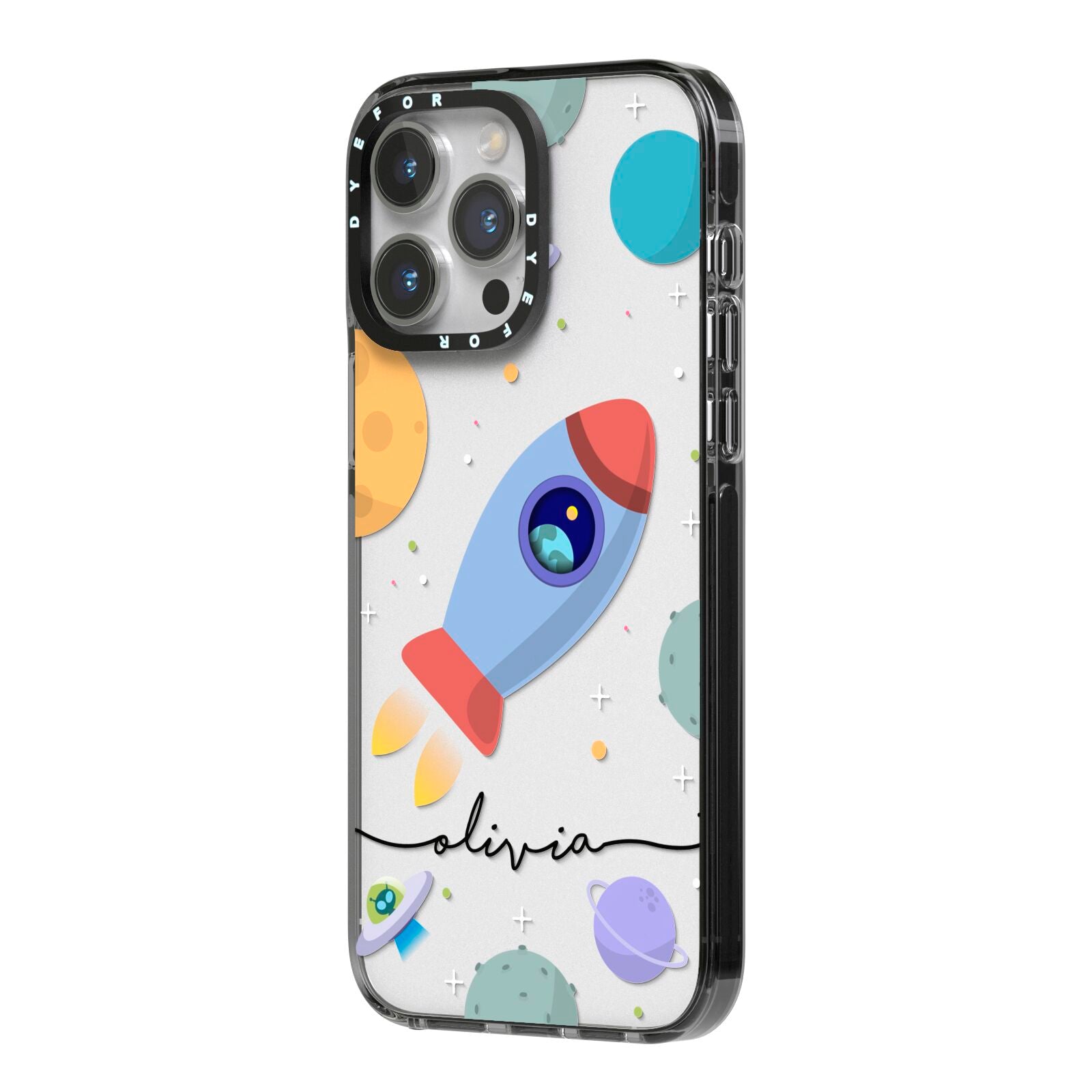 Cartoon Space Artwork with Name iPhone 14 Pro Max Black Impact Case Side Angle on Silver phone