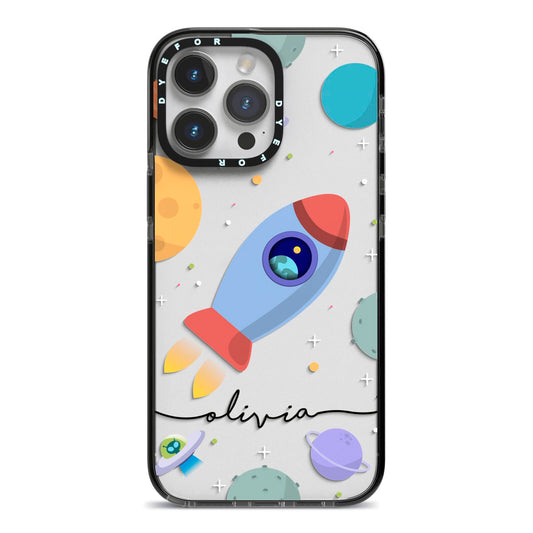 Cartoon Space Artwork with Name iPhone 14 Pro Max Black Impact Case on Silver phone