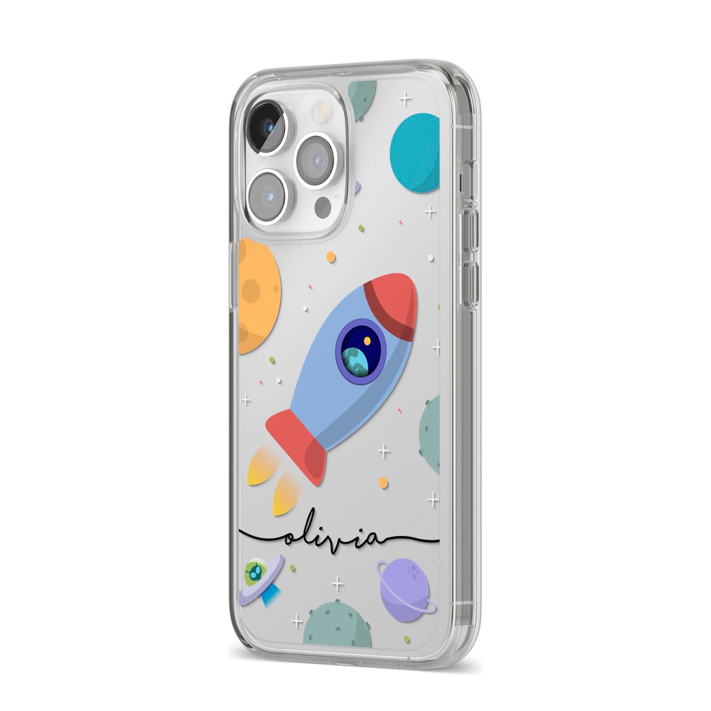 Cartoon Space Artwork with Name iPhone 14 Pro Max Clear Tough Case Silver Angled Image