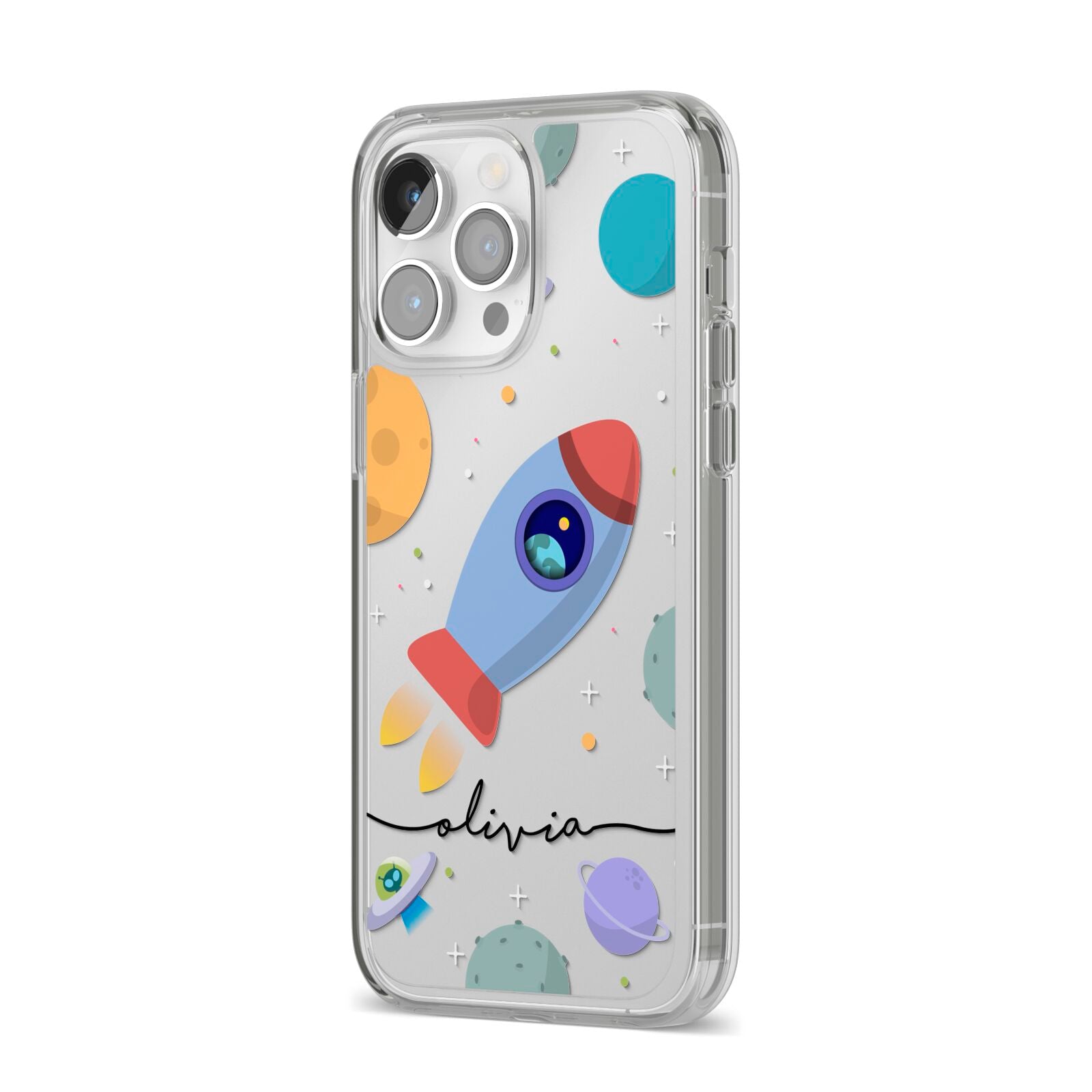 Cartoon Space Artwork with Name iPhone 14 Pro Max Clear Tough Case Silver Angled Image