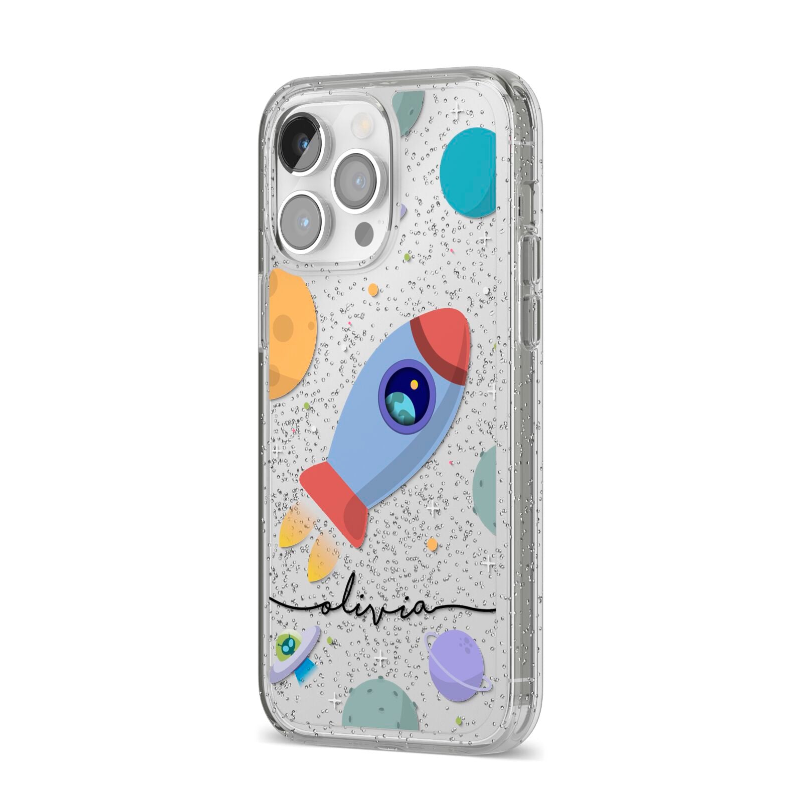 Cartoon Space Artwork with Name iPhone 14 Pro Max Glitter Tough Case Silver Angled Image