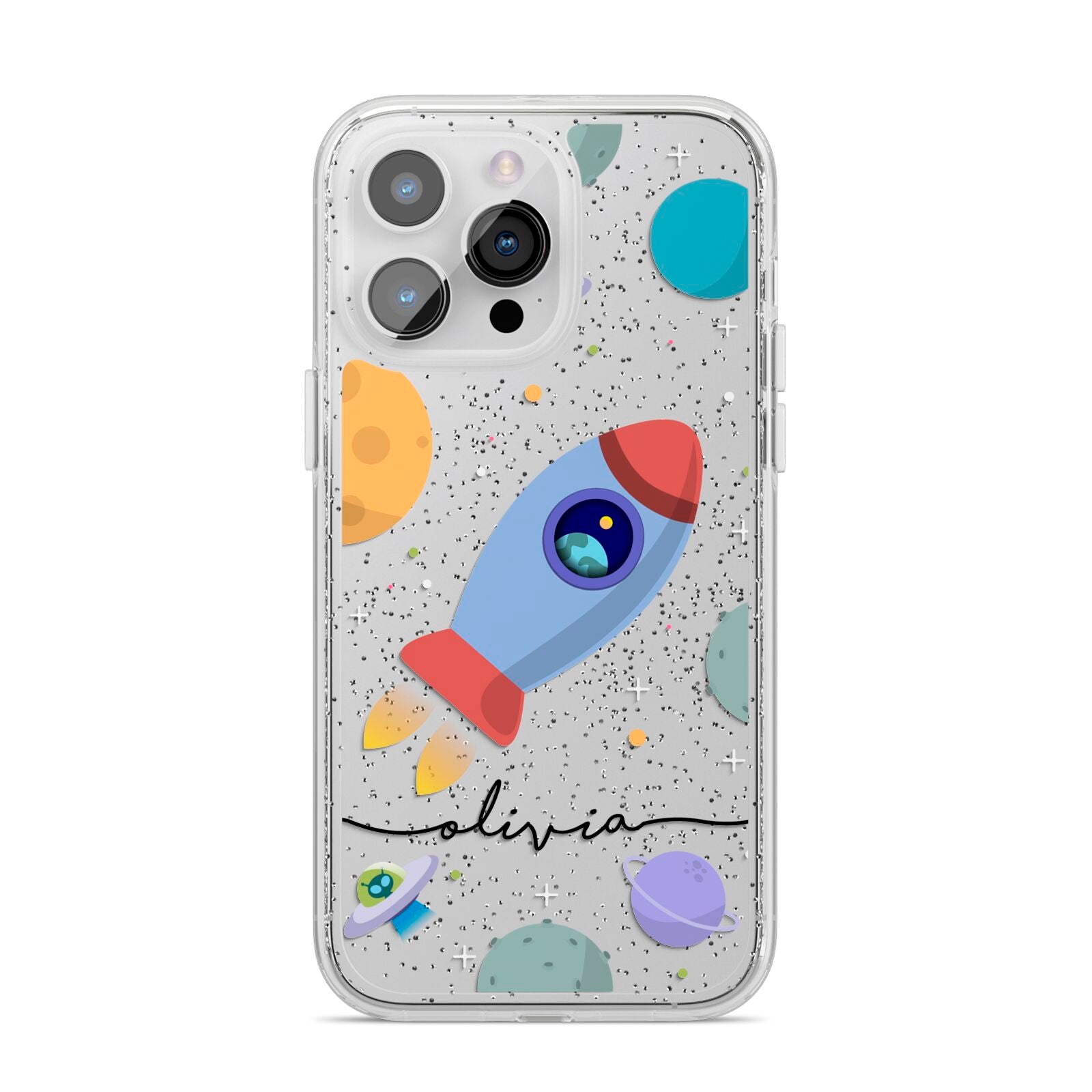 Cartoon Space Artwork with Name iPhone 14 Pro Max Glitter Tough Case Silver