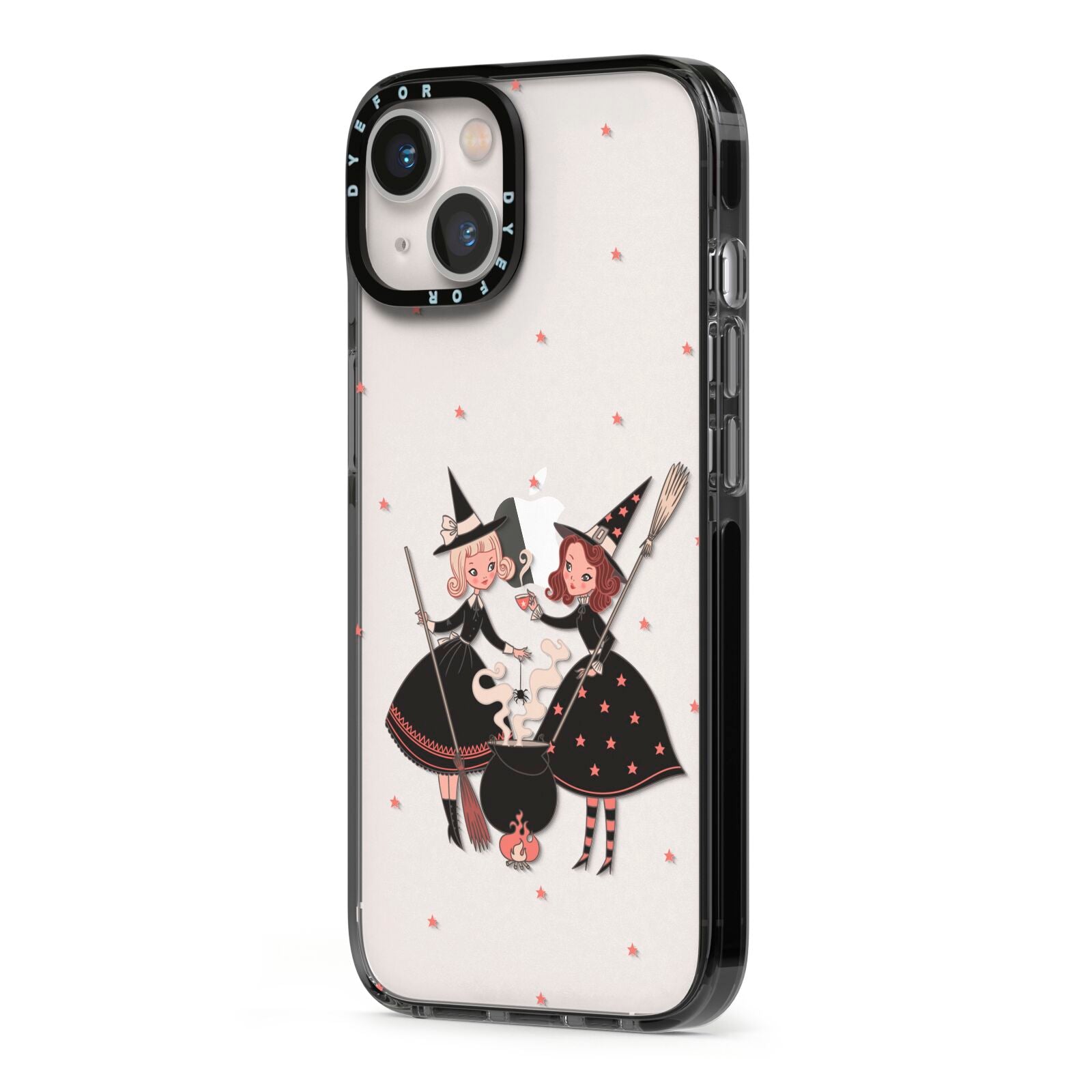 Cartoon Witch Girls iPhone 13 Black Impact Case Side Angle on Silver phone