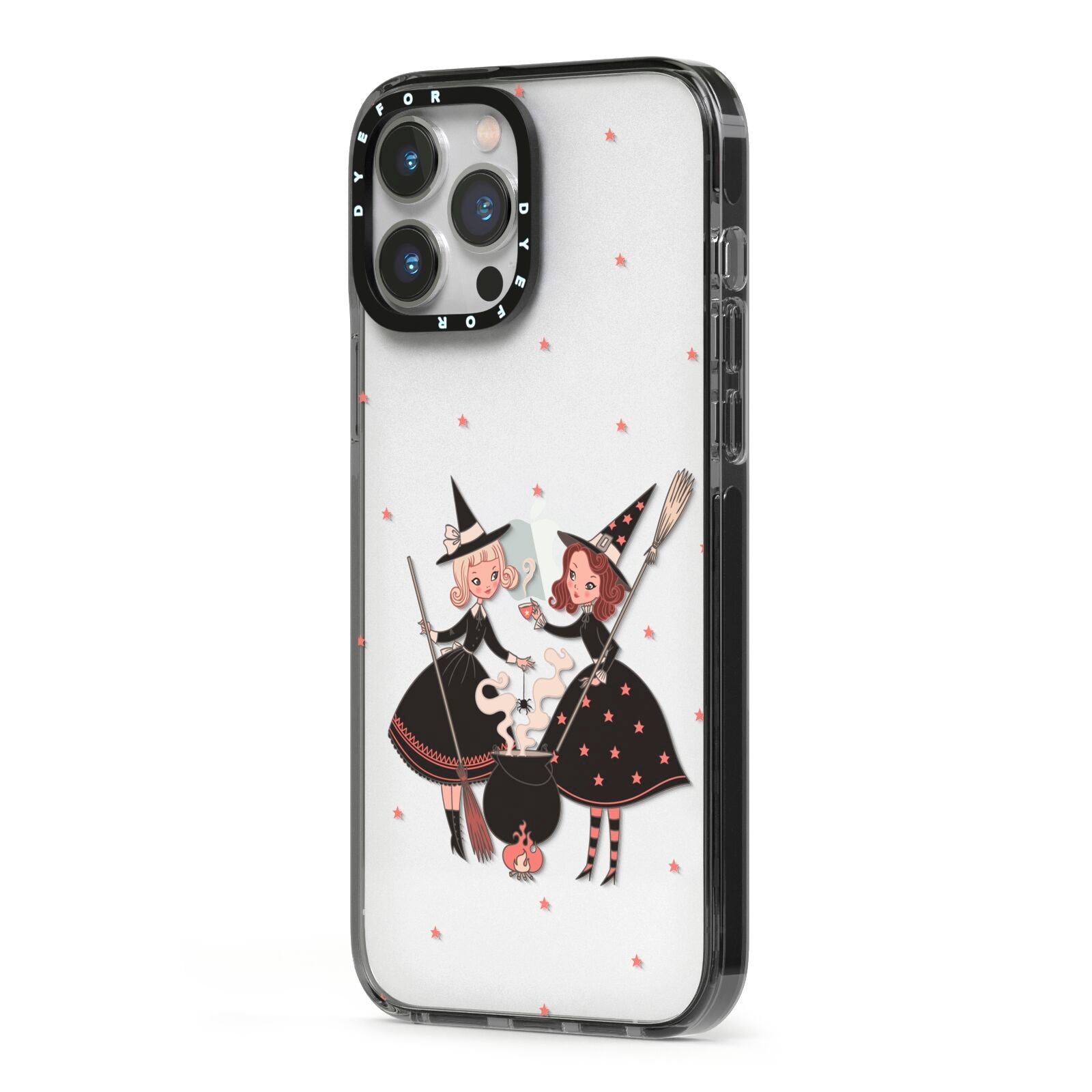 Cartoon Witch Girls iPhone 13 Pro Max Black Impact Case Side Angle on Silver phone
