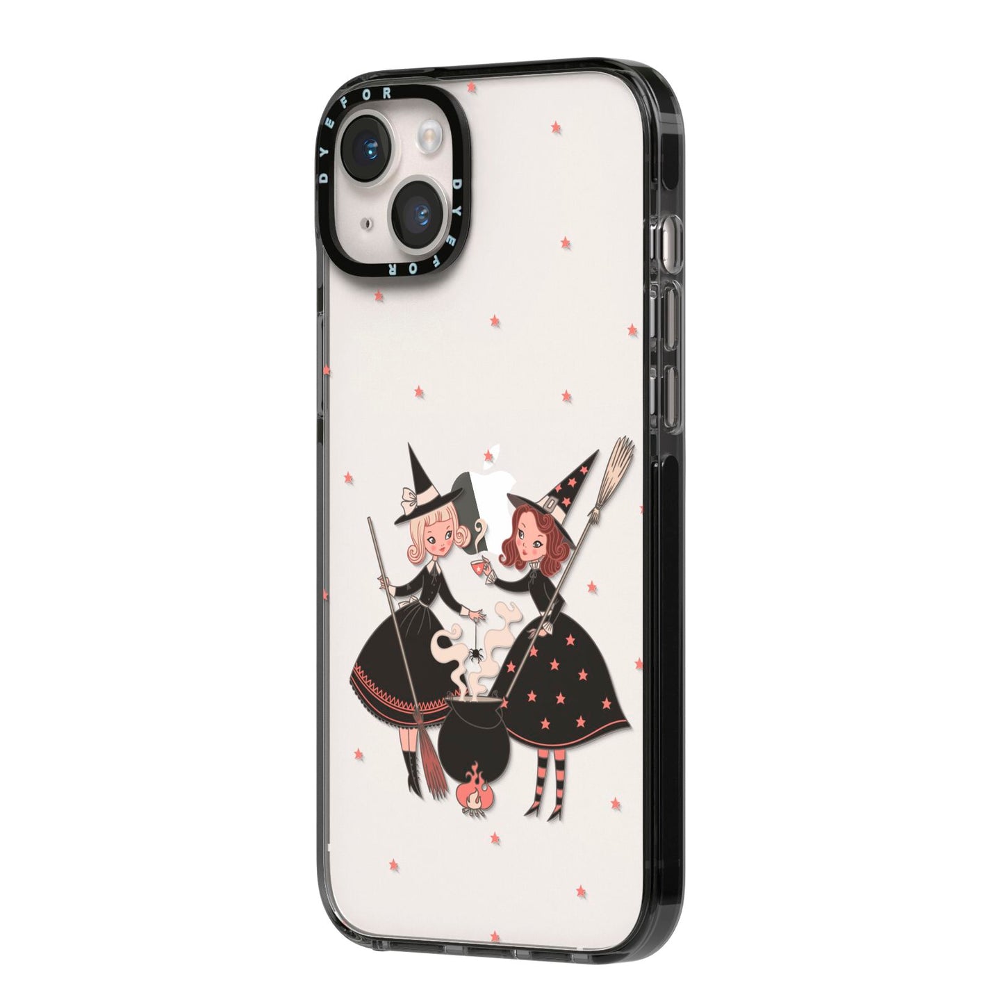 Cartoon Witch Girls iPhone 14 Plus Black Impact Case Side Angle on Silver phone