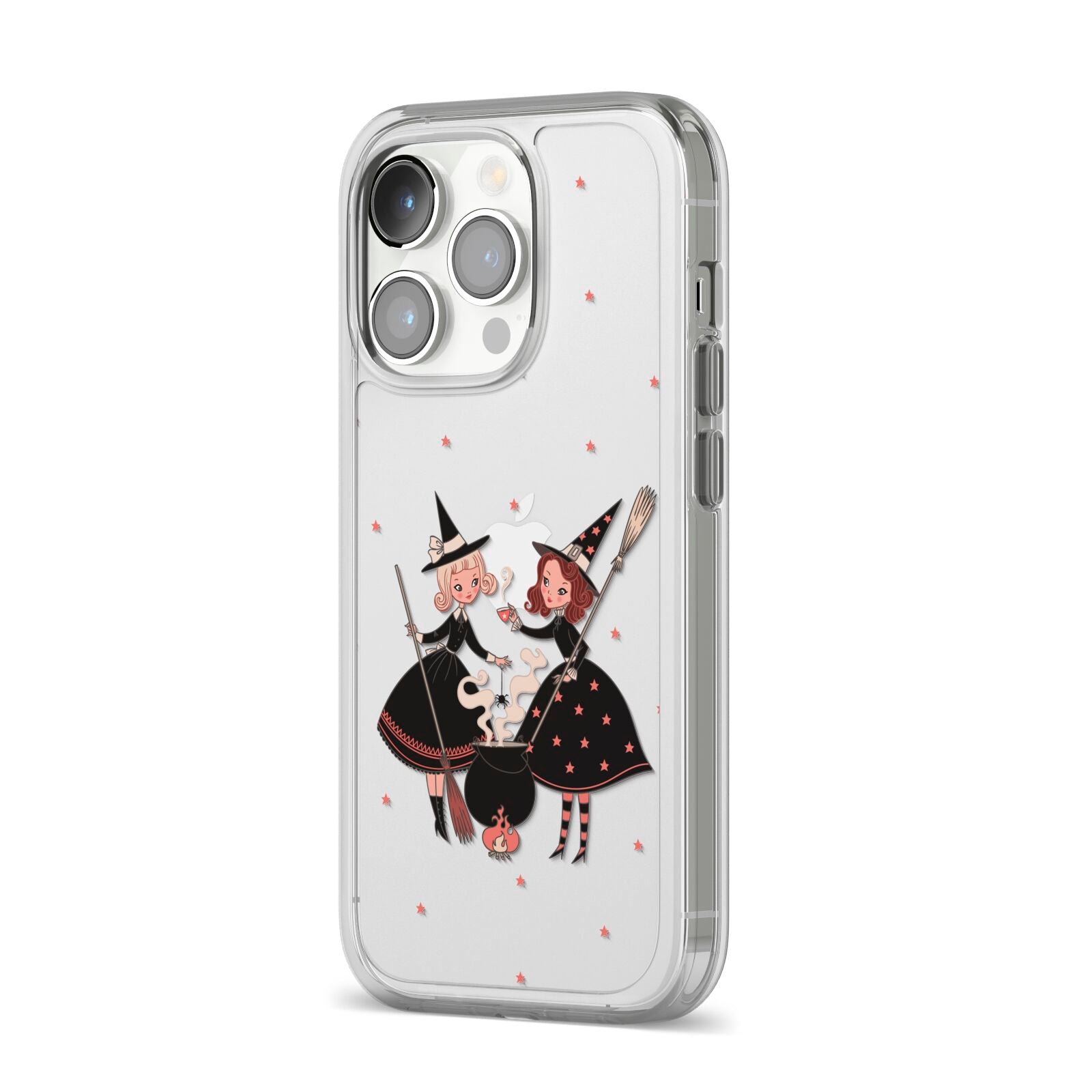 Cartoon Witch Girls iPhone 14 Pro Clear Tough Case Silver Angled Image