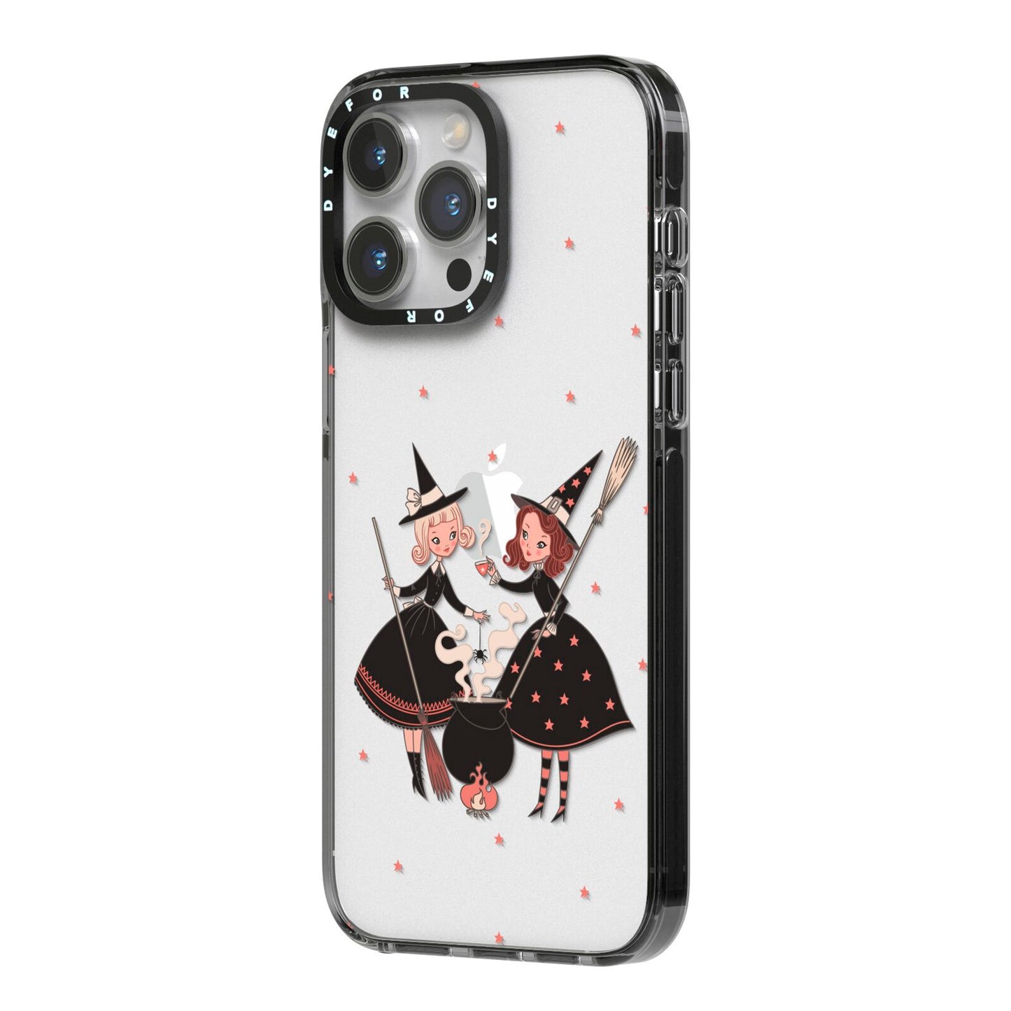 Cartoon Witch Girls iPhone 14 Pro Max Black Impact Case Side Angle on Silver phone