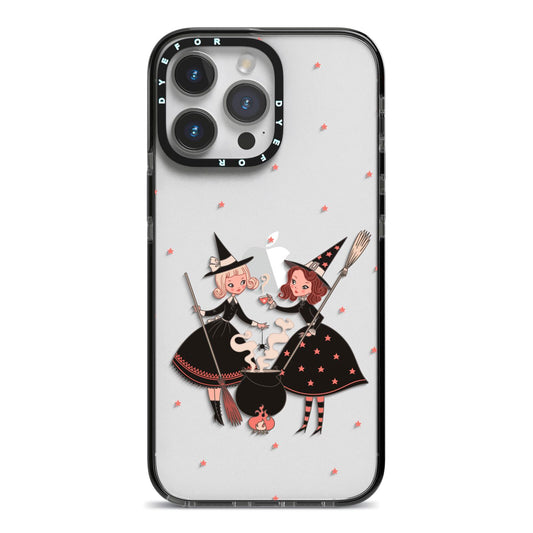 Cartoon Witch Girls iPhone 14 Pro Max Black Impact Case on Silver phone