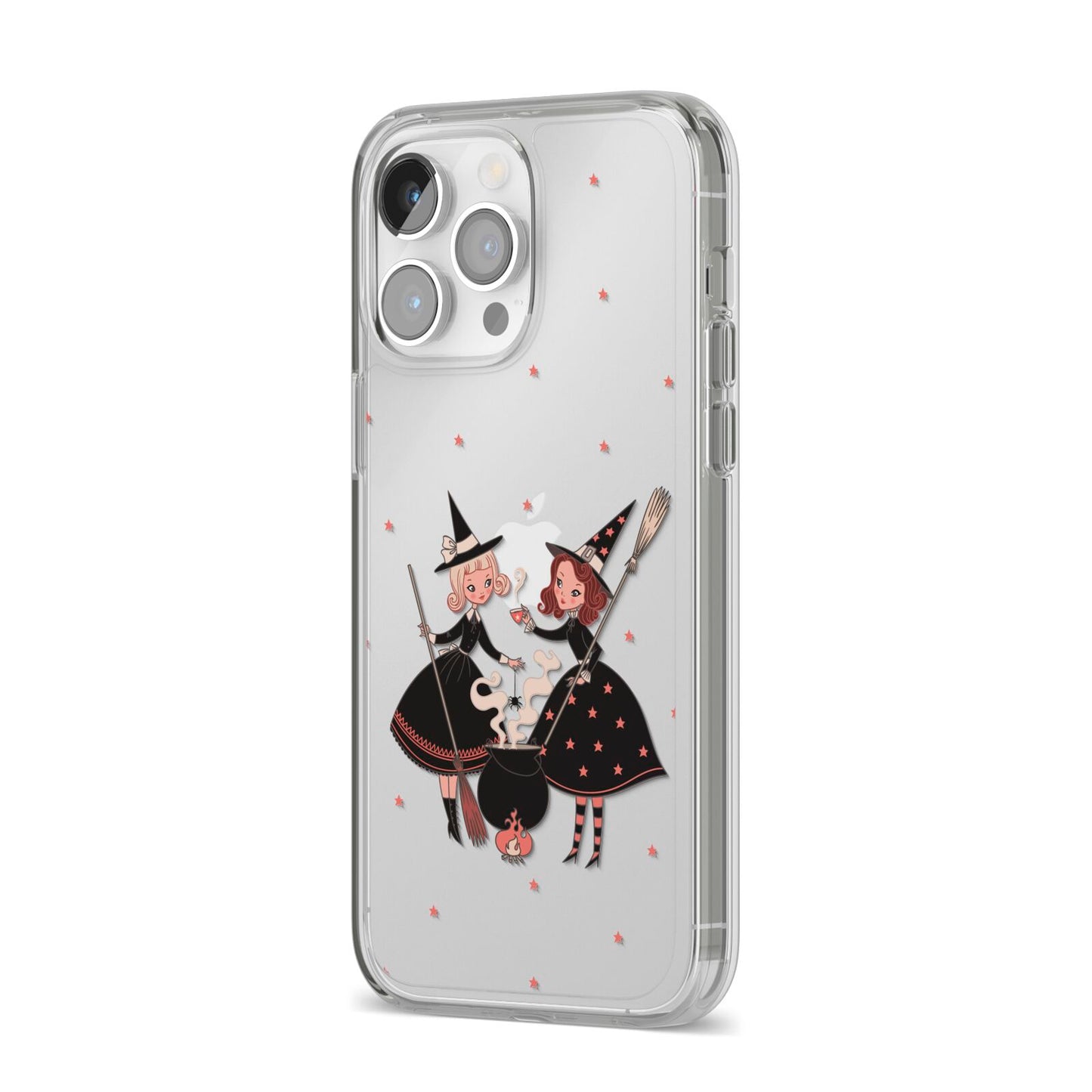 Cartoon Witch Girls iPhone 14 Pro Max Clear Tough Case Silver Angled Image