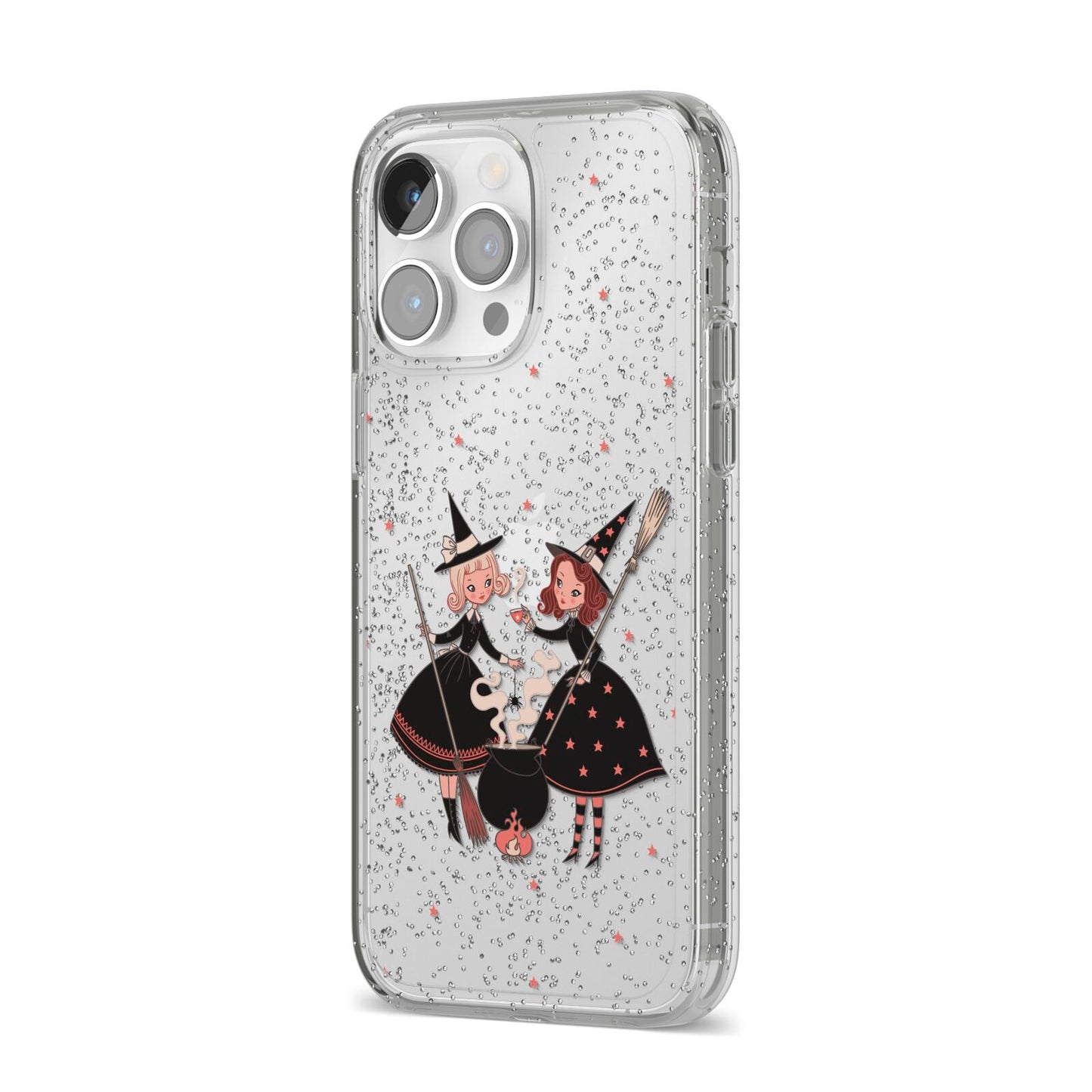 Cartoon Witch Girls iPhone 14 Pro Max Glitter Tough Case Silver Angled Image