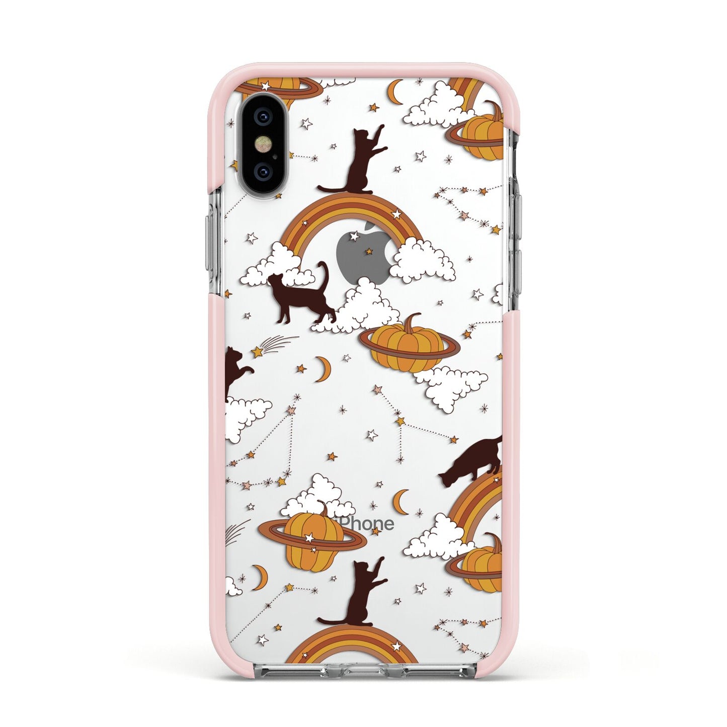Cat Constellation Apple iPhone Xs Impact Case Pink Edge on Silver Phone