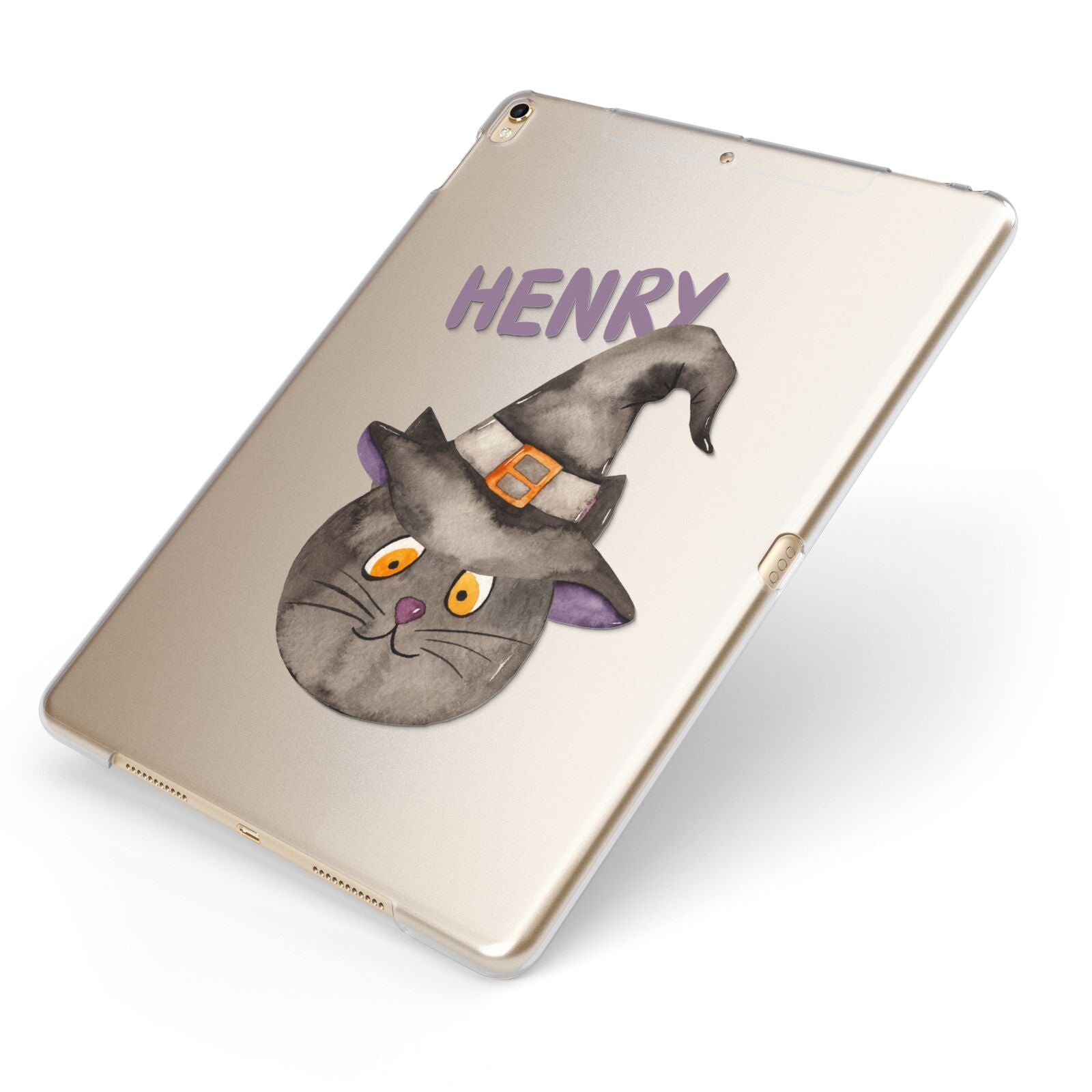 Cat in Witches Hat Custom Apple iPad Case on Gold iPad Side View