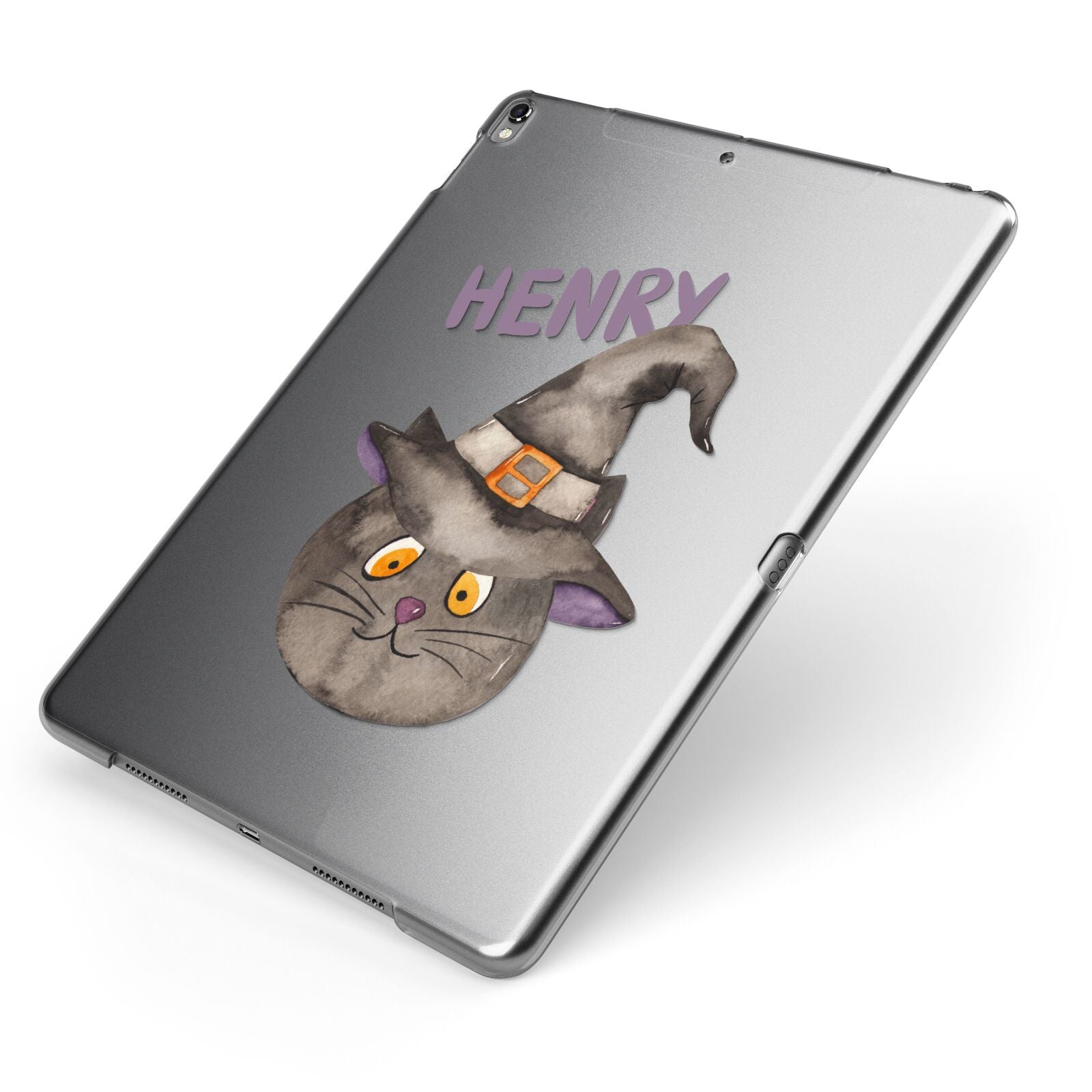 Cat in Witches Hat Custom Apple iPad Case on Grey iPad Side View