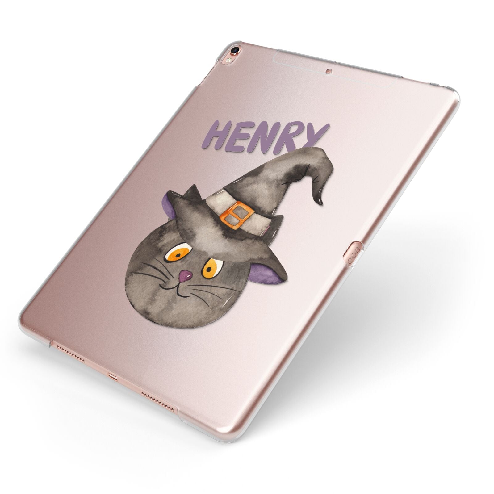 Cat in Witches Hat Custom Apple iPad Case on Rose Gold iPad Side View