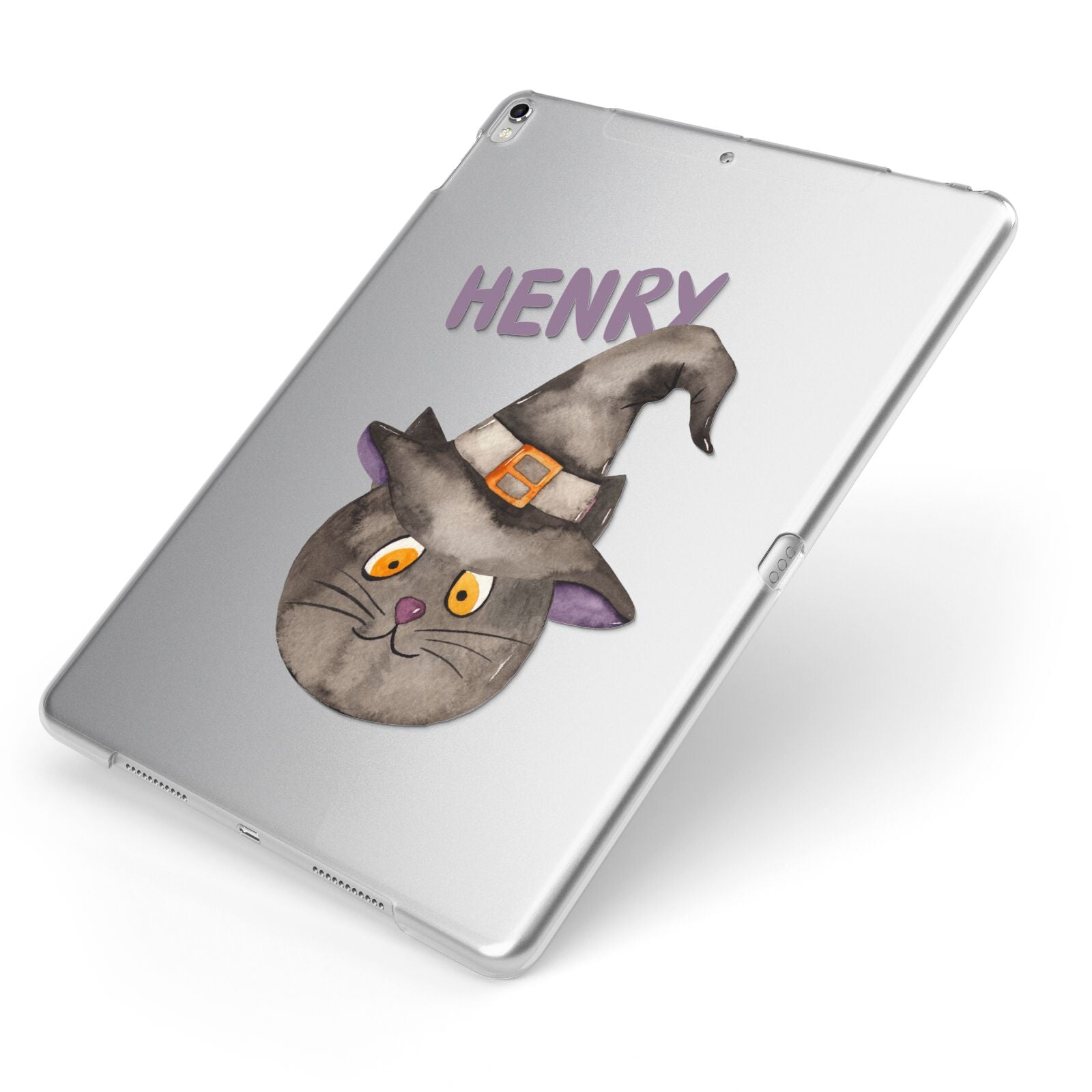 Cat in Witches Hat Custom Apple iPad Case on Silver iPad Side View