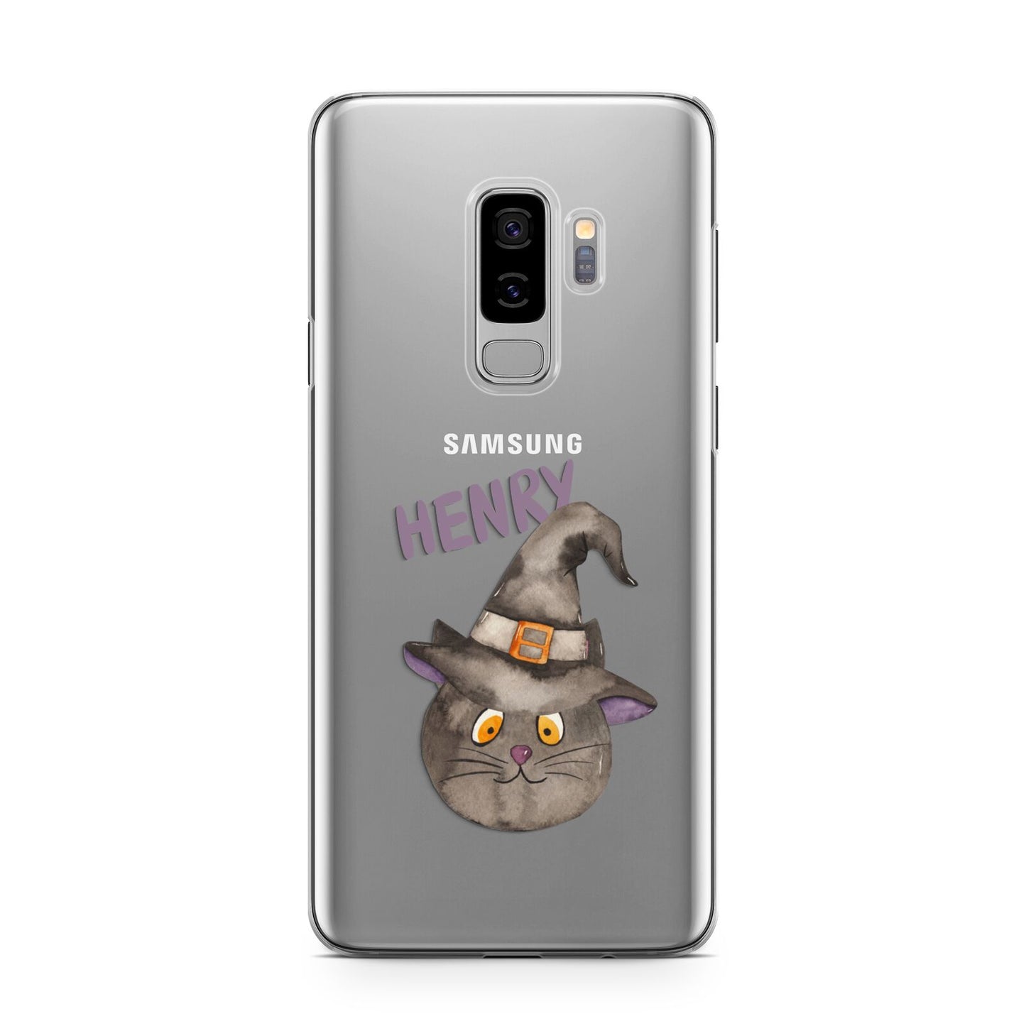 Cat in Witches Hat Custom Samsung Galaxy S9 Plus Case on Silver phone