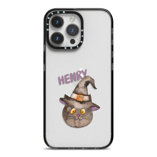 Cat in Witches Hat Custom iPhone 14 Pro Max Black Impact Case on Silver phone