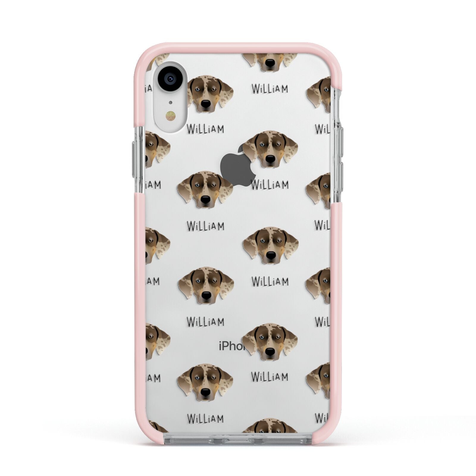 Catahoula Leopard Dog Icon with Name Apple iPhone XR Impact Case Pink Edge on Silver Phone