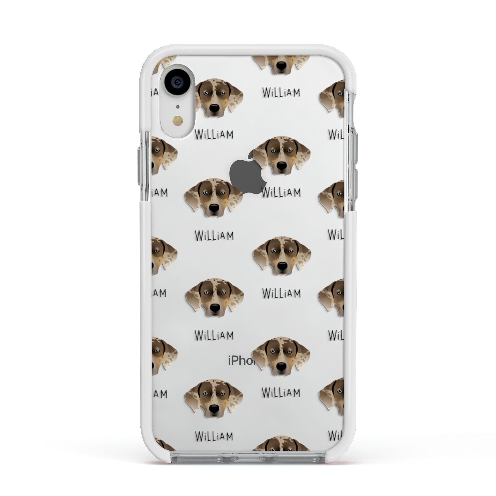 Catahoula Leopard Dog Icon with Name Apple iPhone XR Impact Case White Edge on Silver Phone