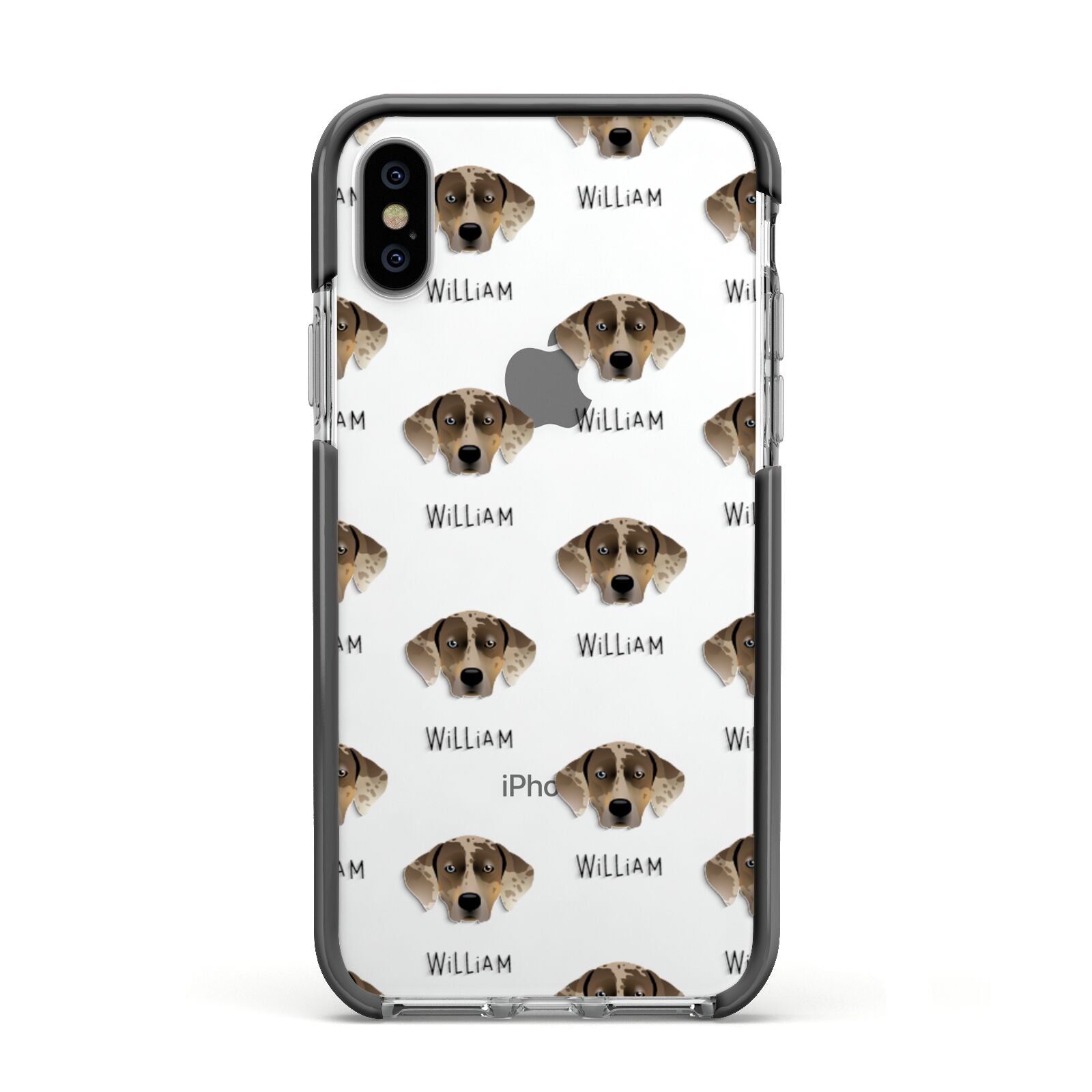 Catahoula Leopard Dog Icon with Name Apple iPhone Xs Impact Case Black Edge on Silver Phone
