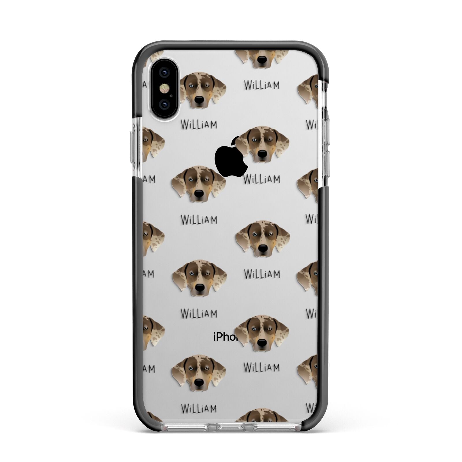 Catahoula Leopard Dog Icon with Name Apple iPhone Xs Max Impact Case Black Edge on Silver Phone