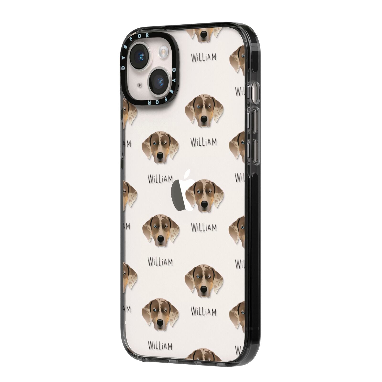 Catahoula Leopard Dog Icon with Name iPhone 14 Plus Black Impact Case Side Angle on Silver phone