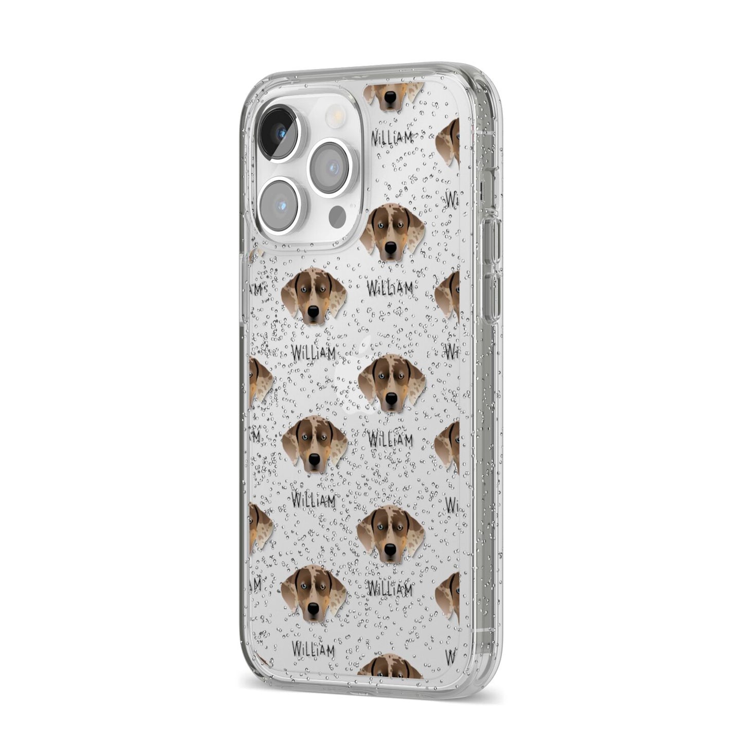 Catahoula Leopard Dog Icon with Name iPhone 14 Pro Max Glitter Tough Case Silver Angled Image