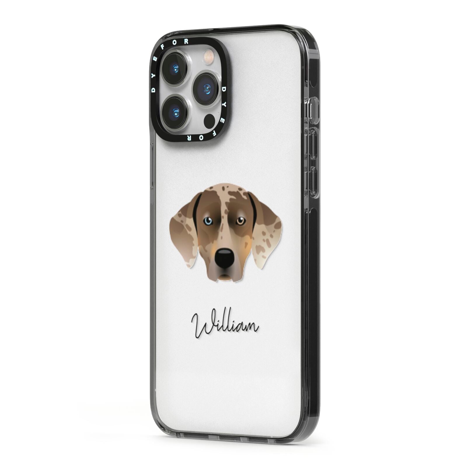 Catahoula Leopard Dog Personalised iPhone 13 Pro Max Black Impact Case Side Angle on Silver phone