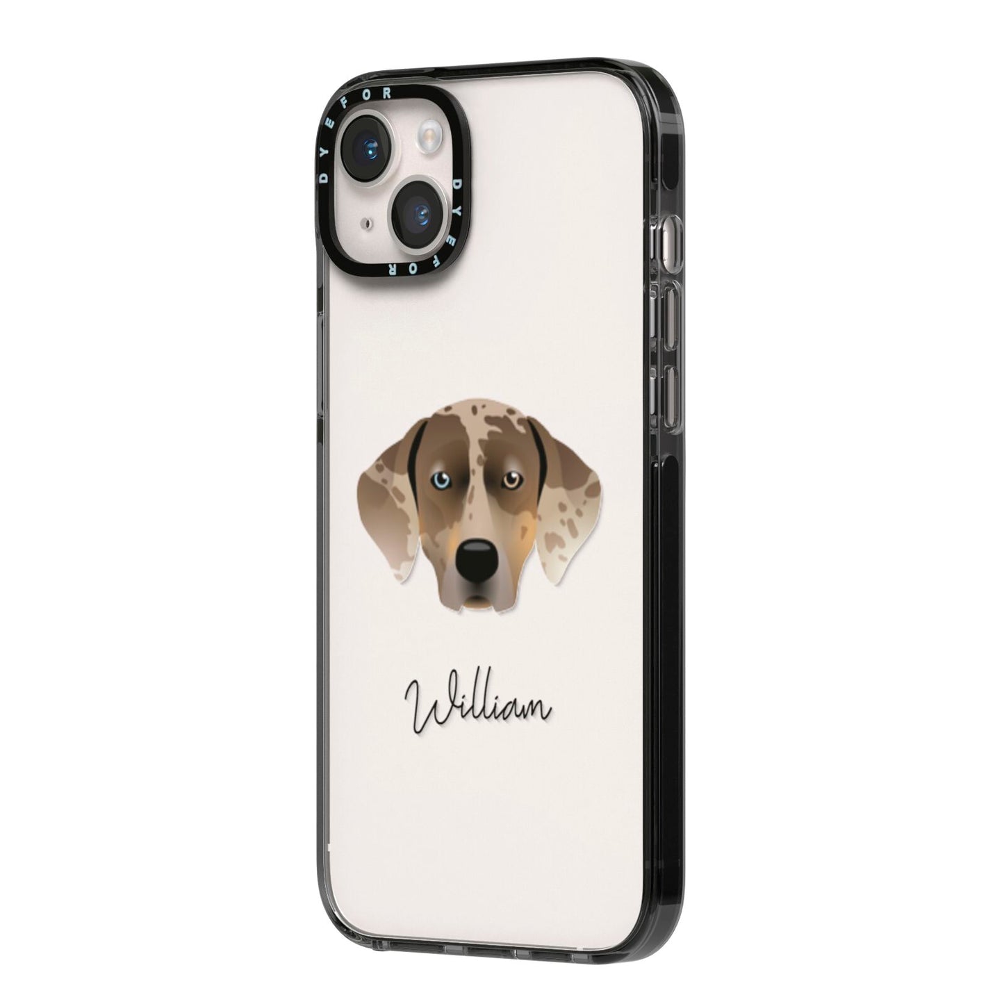 Catahoula Leopard Dog Personalised iPhone 14 Plus Black Impact Case Side Angle on Silver phone