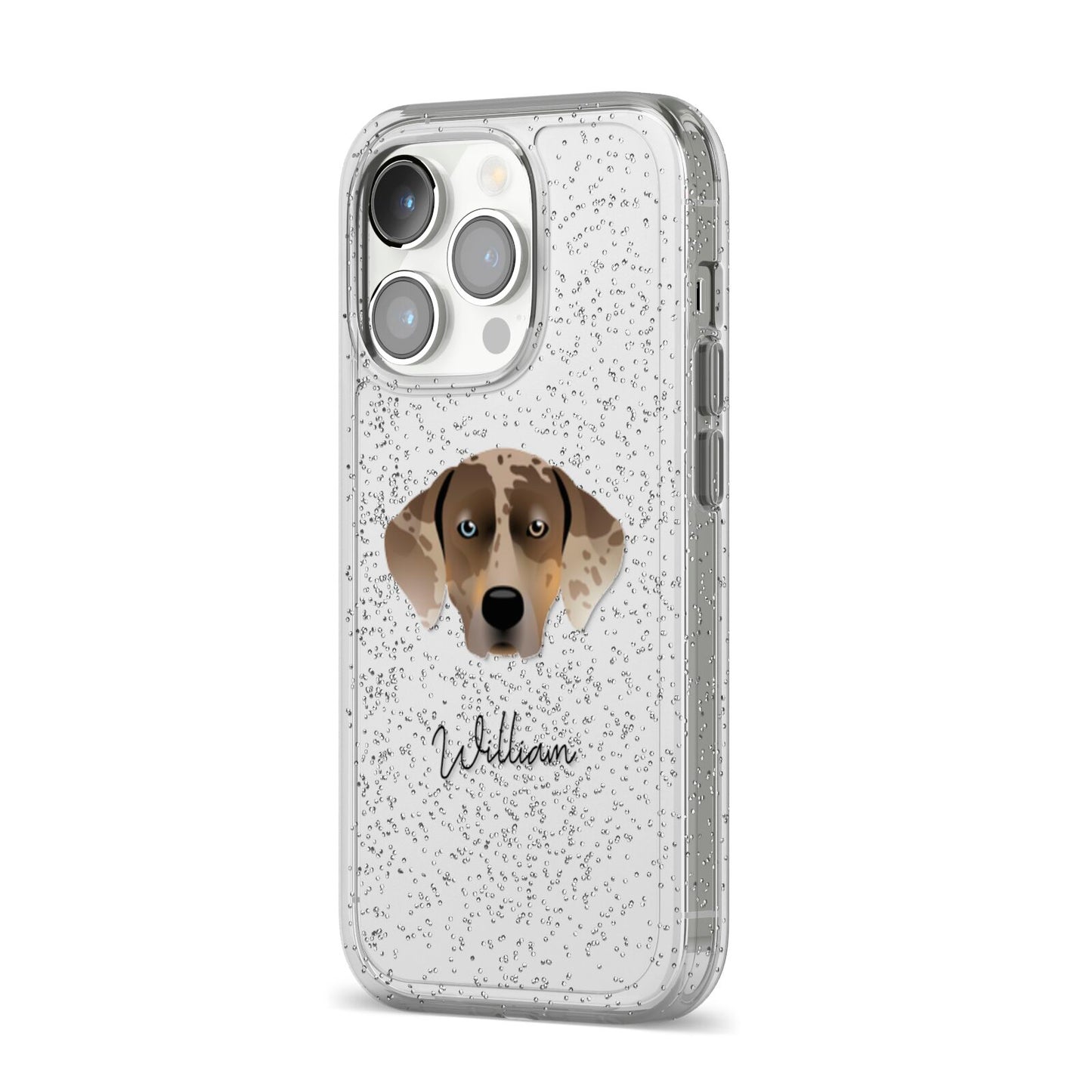 Catahoula Leopard Dog Personalised iPhone 14 Pro Glitter Tough Case Silver Angled Image