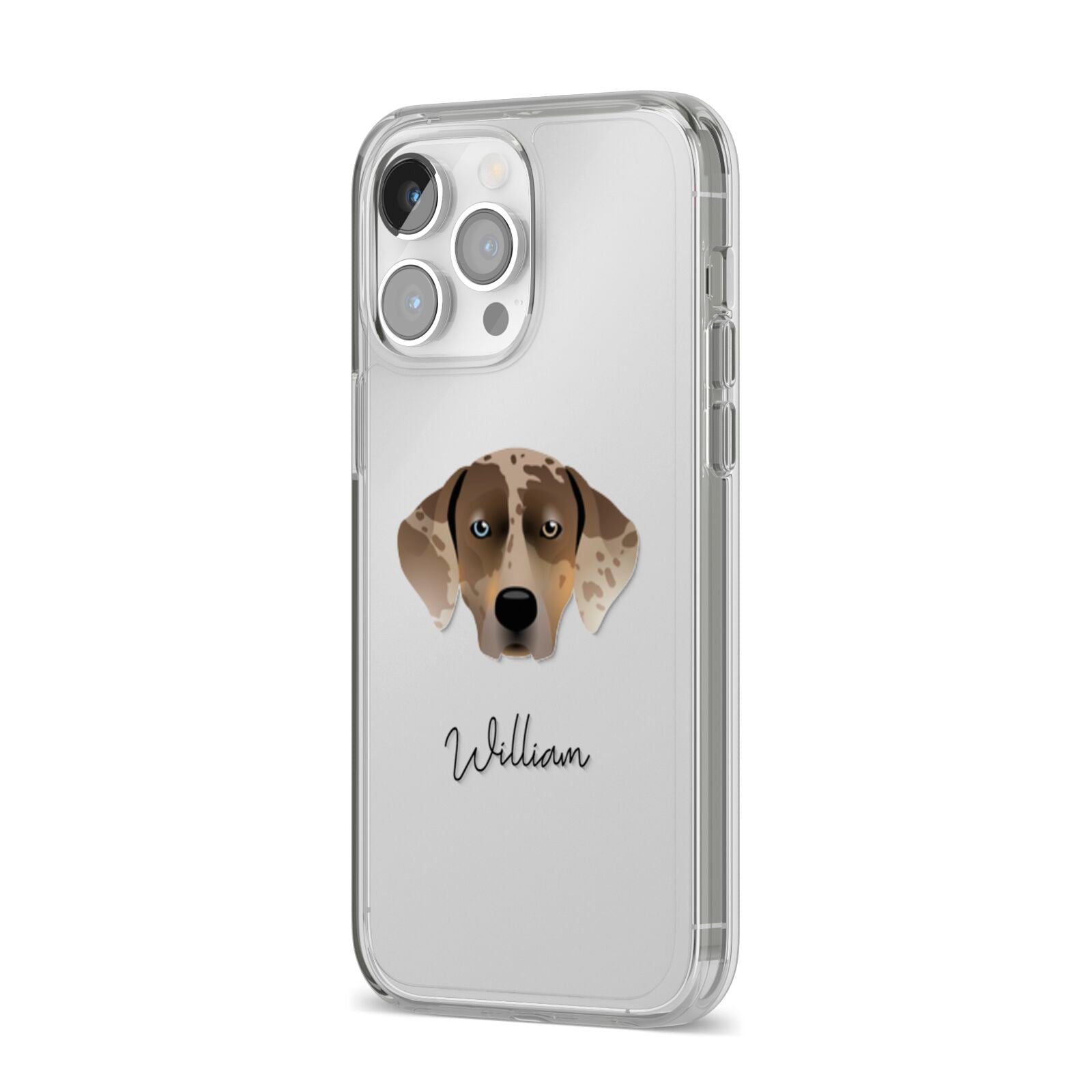 Catahoula Leopard Dog Personalised iPhone 14 Pro Max Clear Tough Case Silver Angled Image