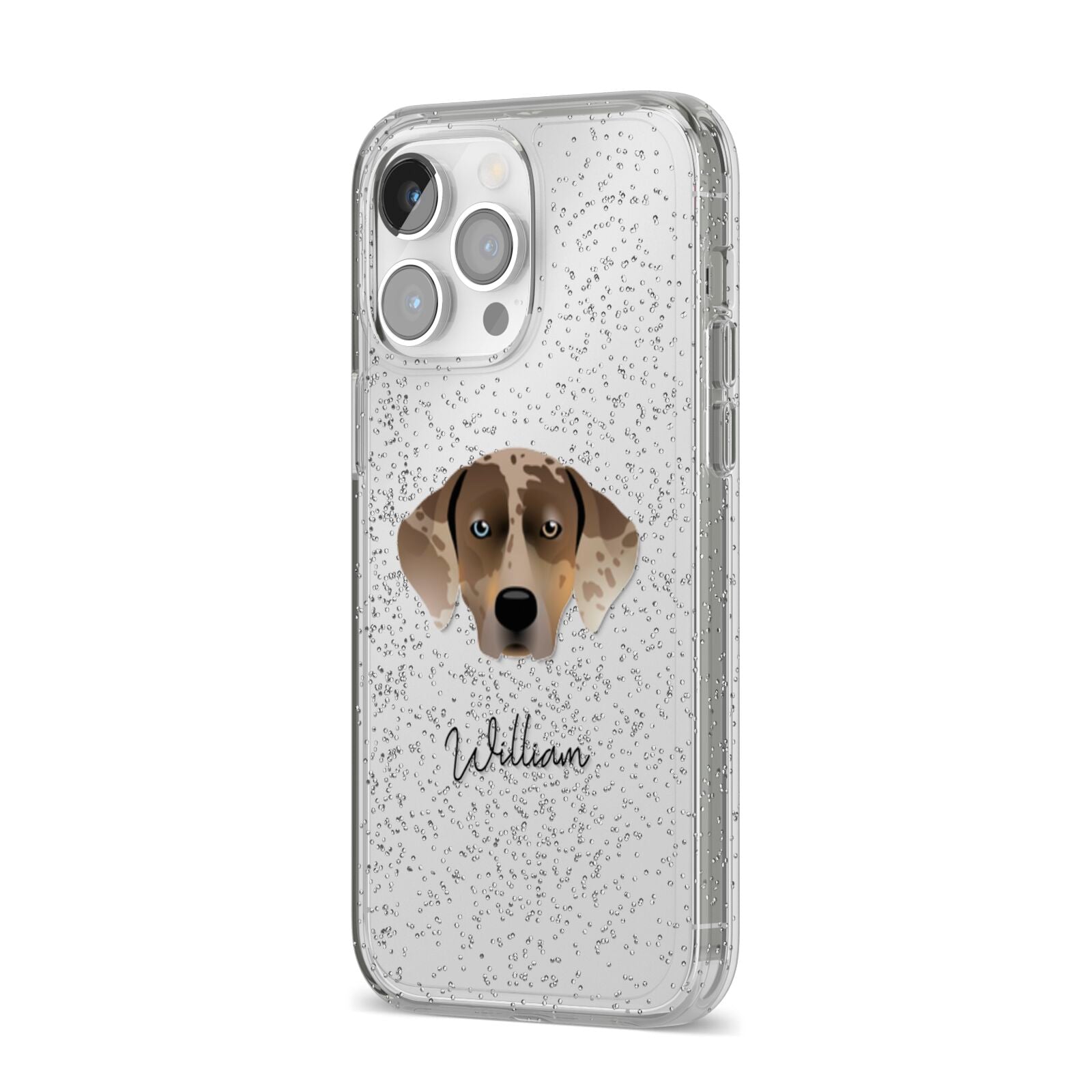 Catahoula Leopard Dog Personalised iPhone 14 Pro Max Glitter Tough Case Silver Angled Image
