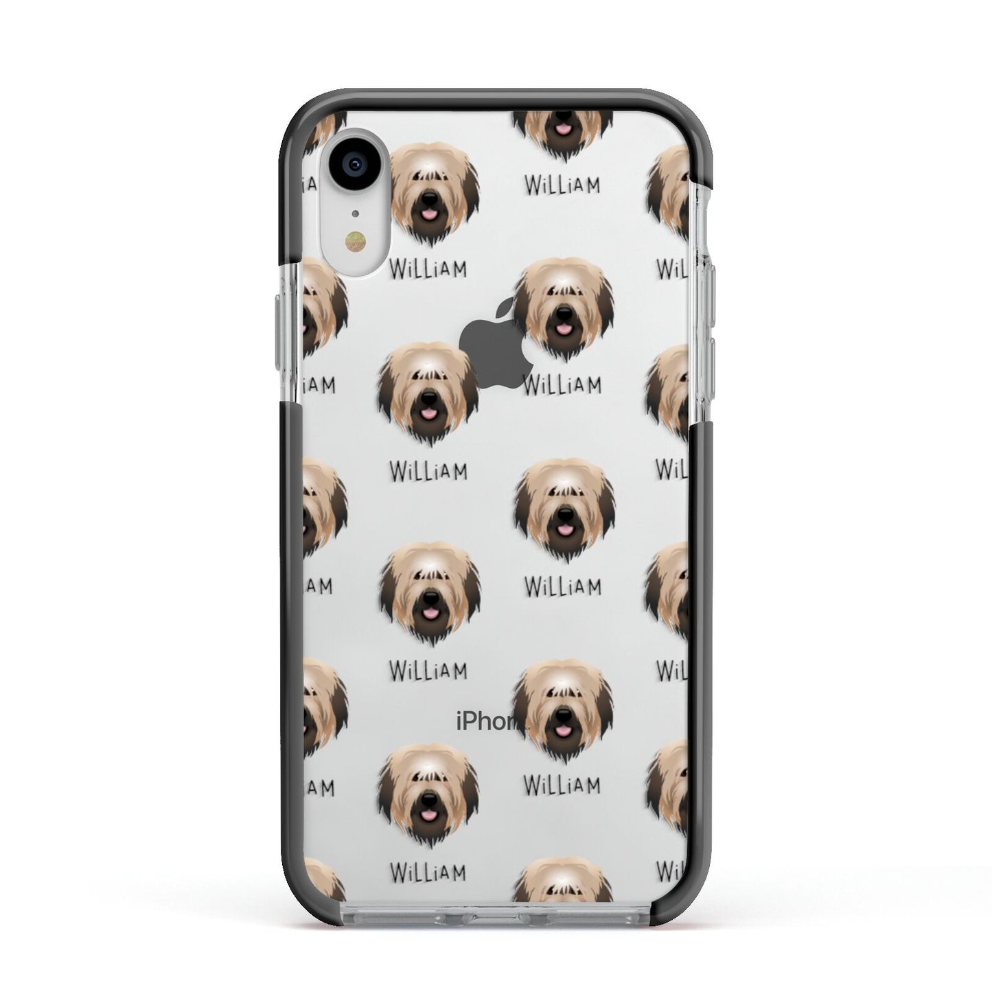 Catalan Sheepdog Icon with Name Apple iPhone XR Impact Case Black Edge on Silver Phone