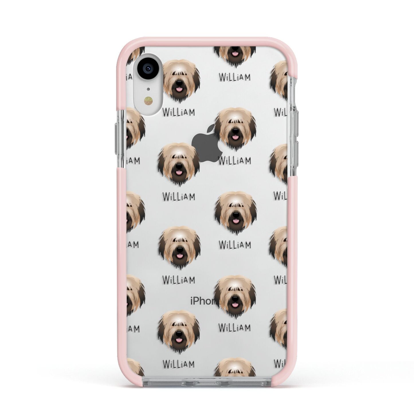 Catalan Sheepdog Icon with Name Apple iPhone XR Impact Case Pink Edge on Silver Phone