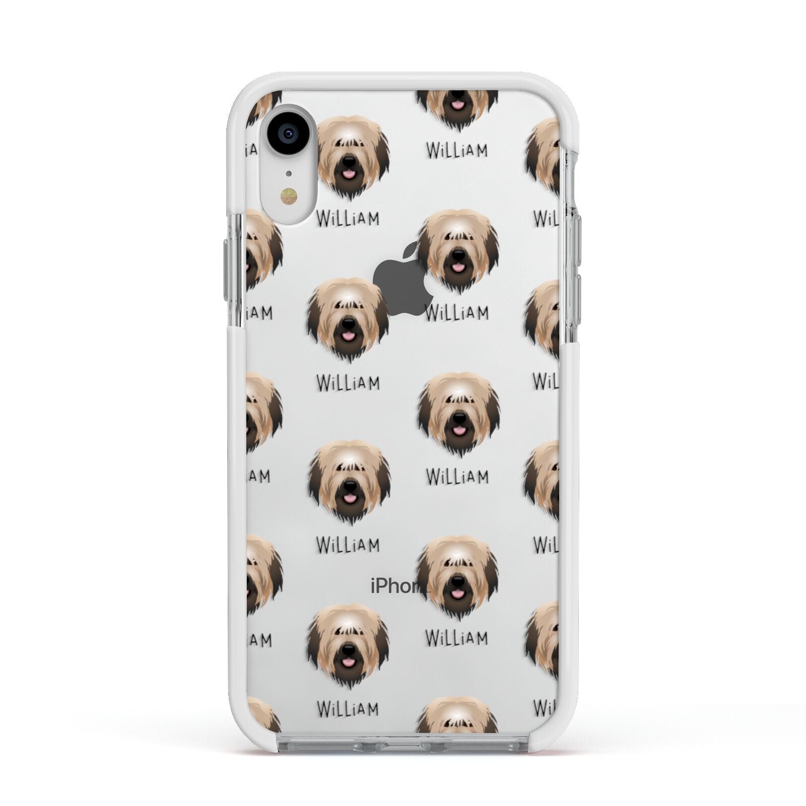 Catalan Sheepdog Icon with Name Apple iPhone XR Impact Case White Edge on Silver Phone