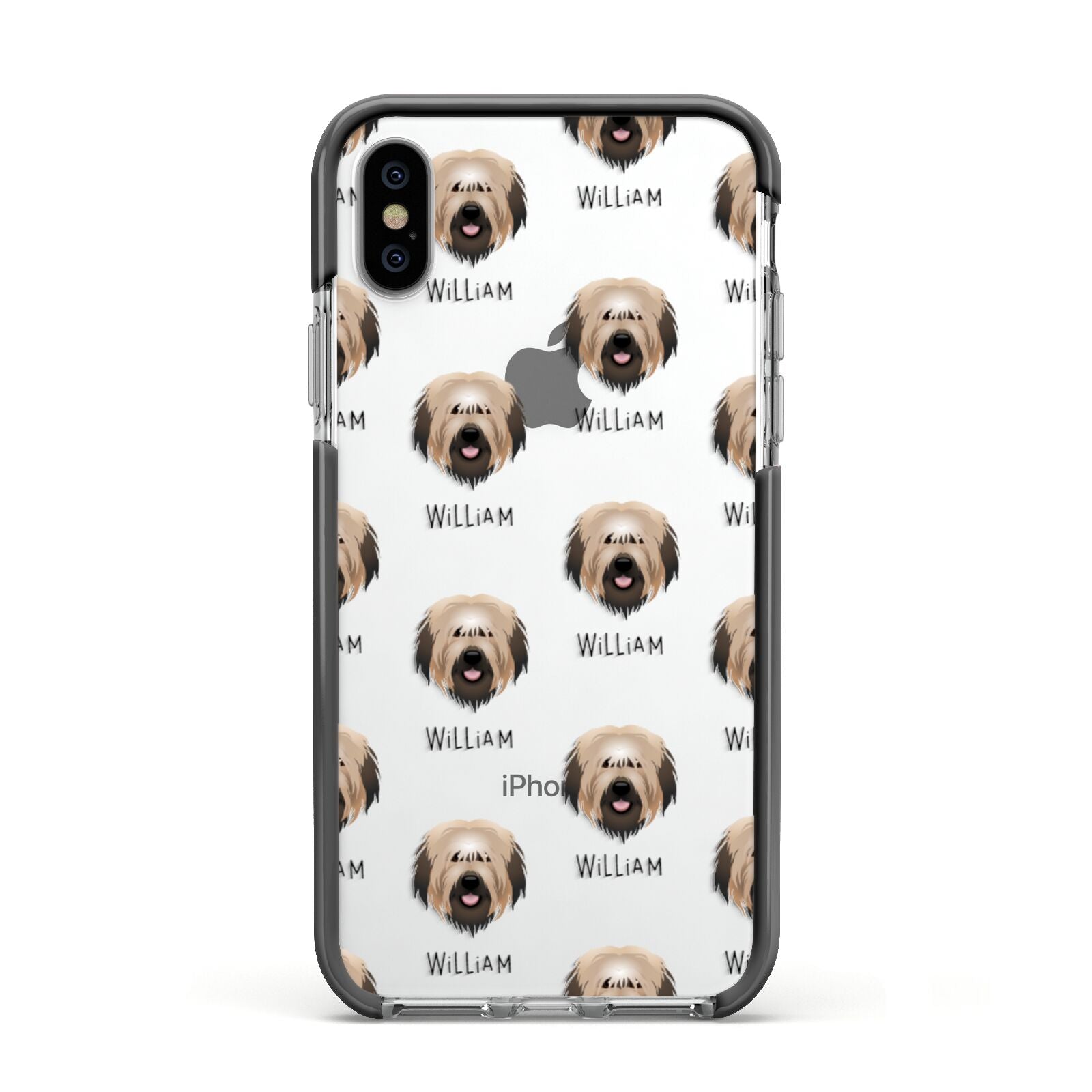 Catalan Sheepdog Icon with Name Apple iPhone Xs Impact Case Black Edge on Silver Phone