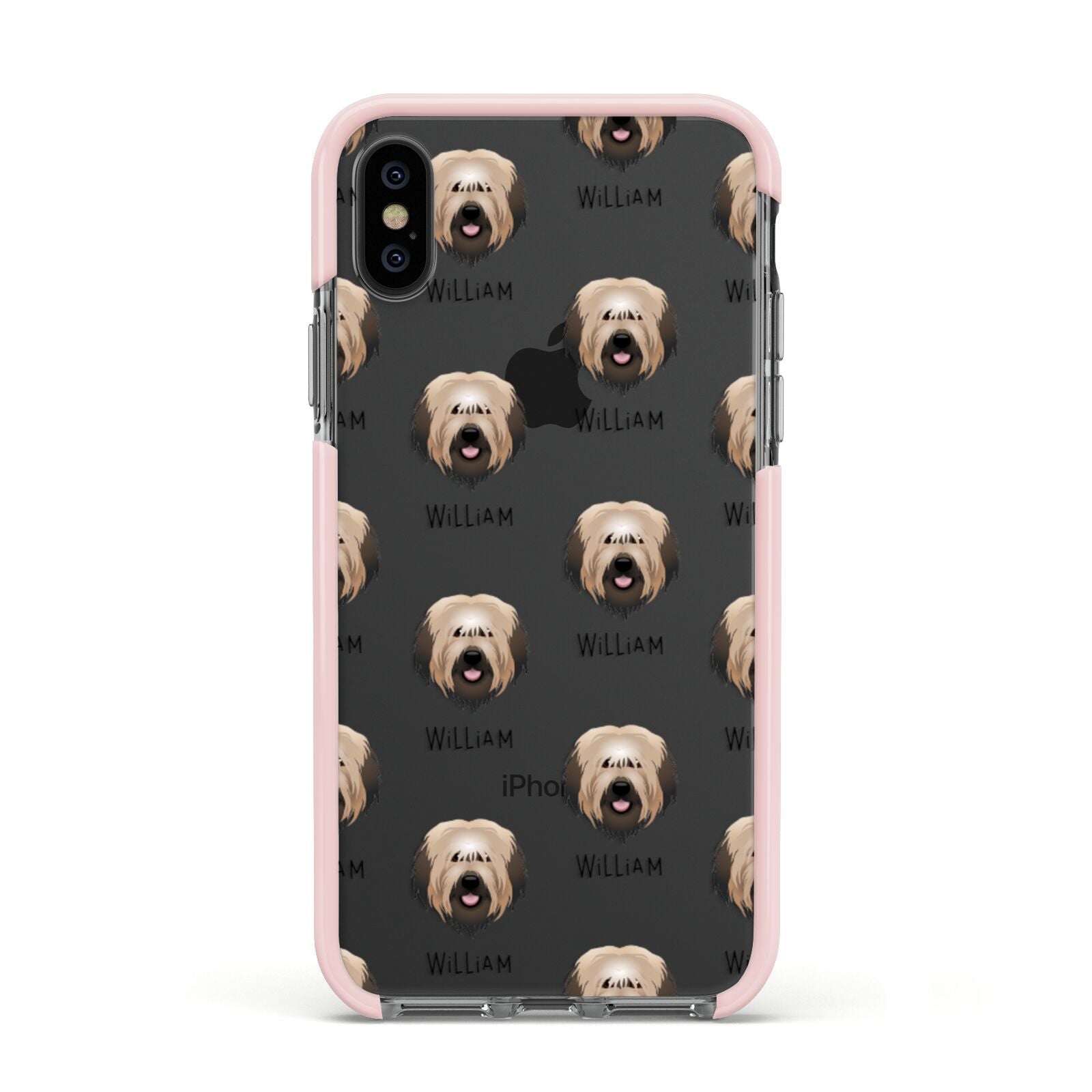 Catalan Sheepdog Icon with Name Apple iPhone Xs Impact Case Pink Edge on Black Phone