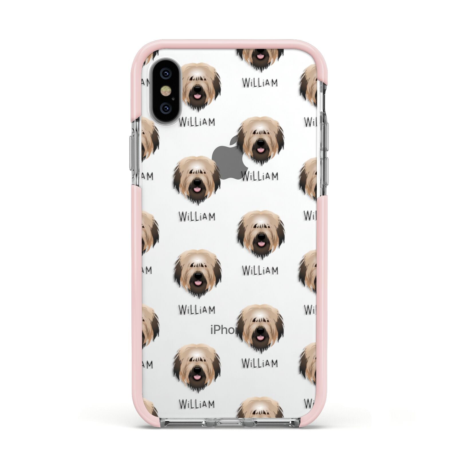 Catalan Sheepdog Icon with Name Apple iPhone Xs Impact Case Pink Edge on Silver Phone