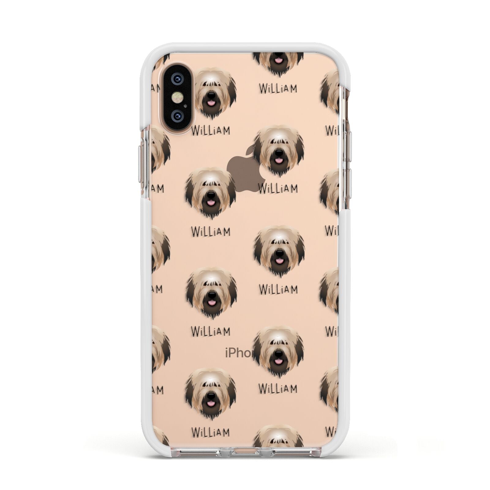 Catalan Sheepdog Icon with Name Apple iPhone Xs Impact Case White Edge on Gold Phone
