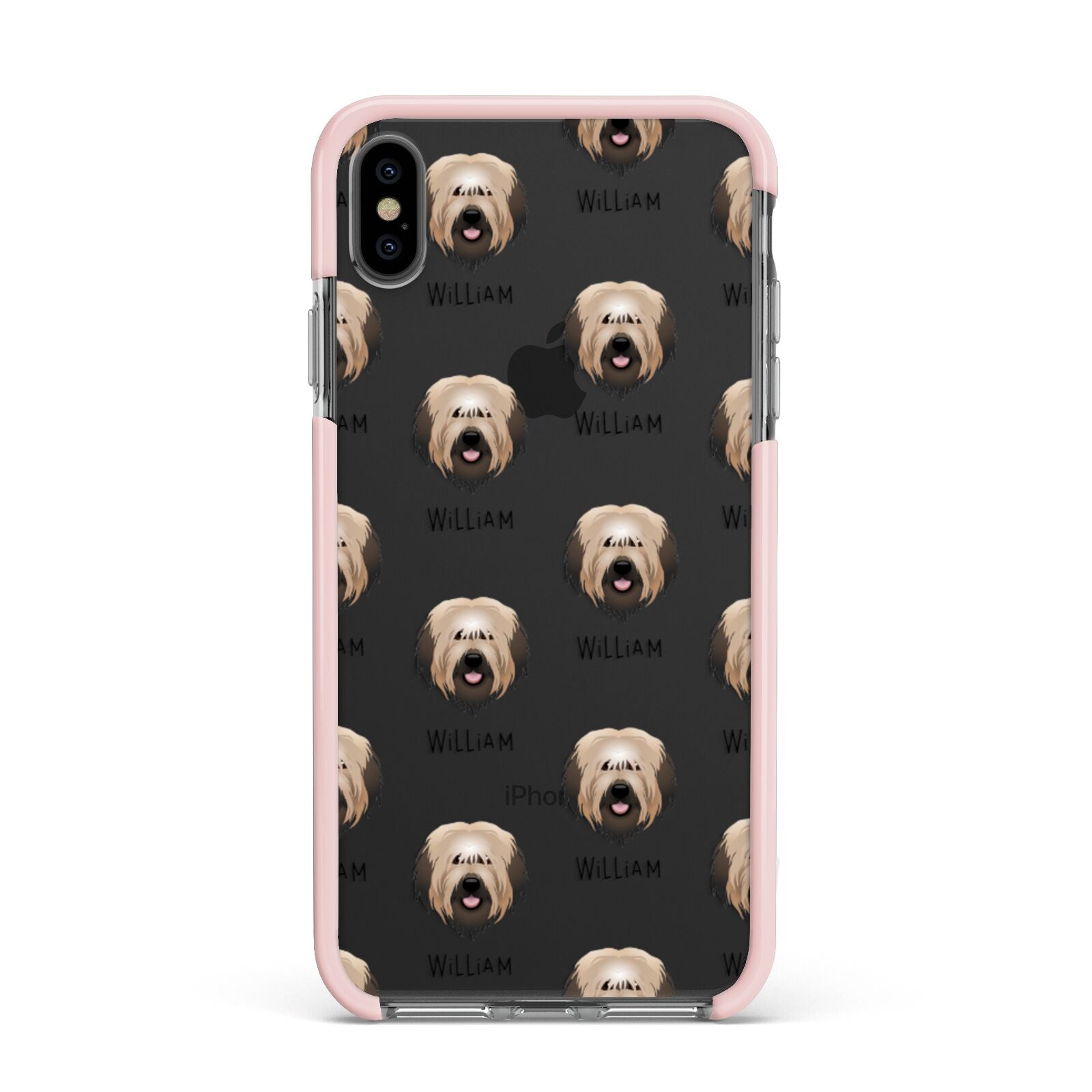 Catalan Sheepdog Icon with Name Apple iPhone Xs Max Impact Case Pink Edge on Black Phone