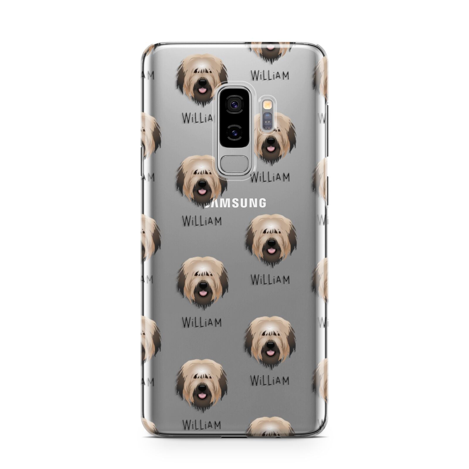 Catalan Sheepdog Icon with Name Samsung Galaxy S9 Plus Case on Silver phone