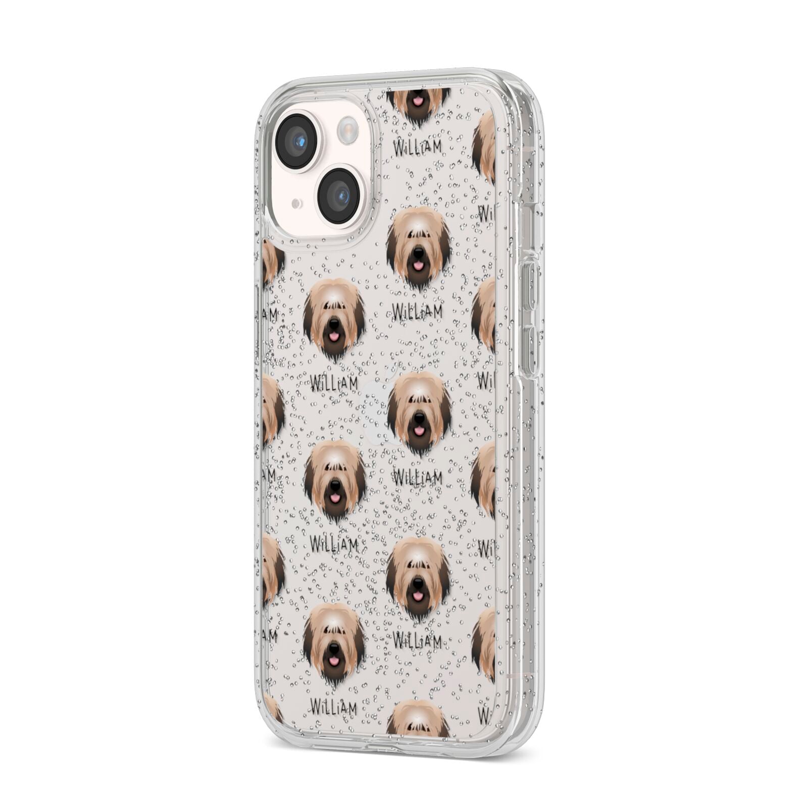 Catalan Sheepdog Icon with Name iPhone 14 Glitter Tough Case Starlight Angled Image