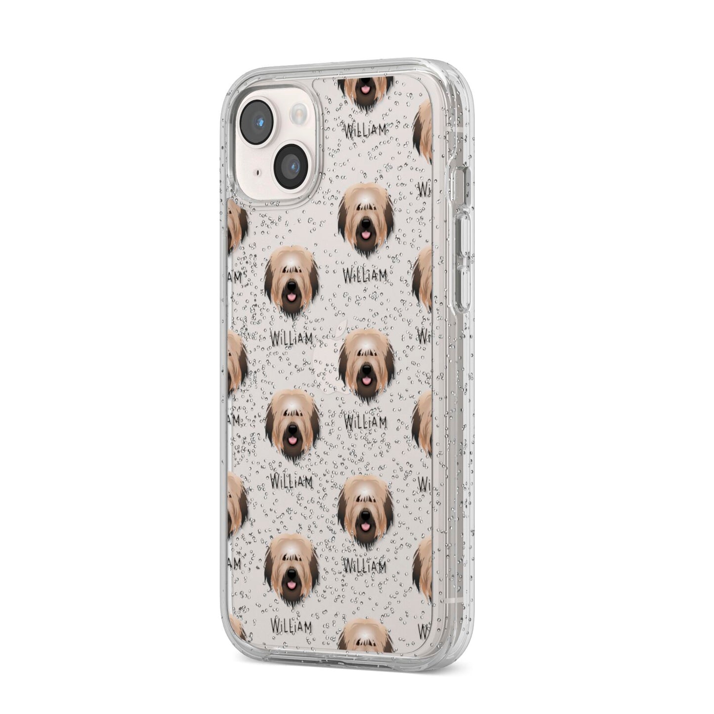 Catalan Sheepdog Icon with Name iPhone 14 Plus Glitter Tough Case Starlight Angled Image