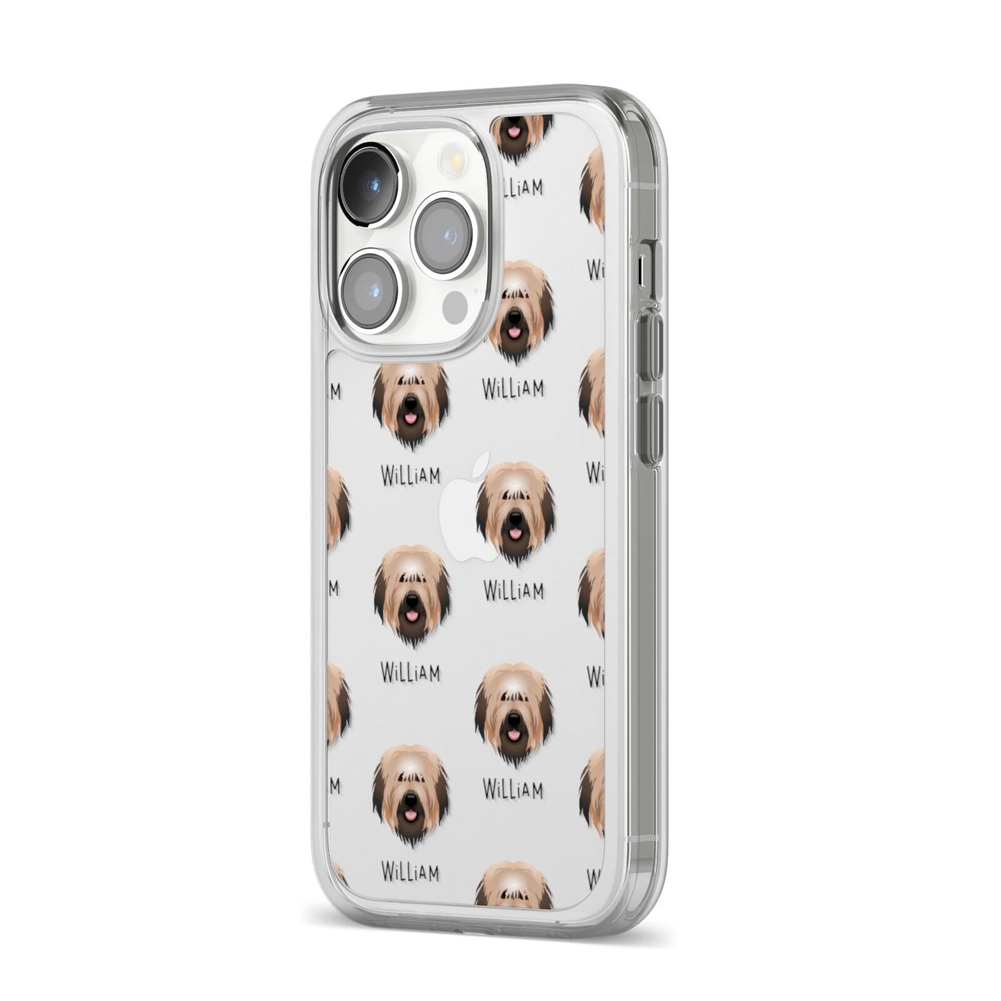 Catalan Sheepdog Icon with Name iPhone 14 Pro Clear Tough Case Silver Angled Image