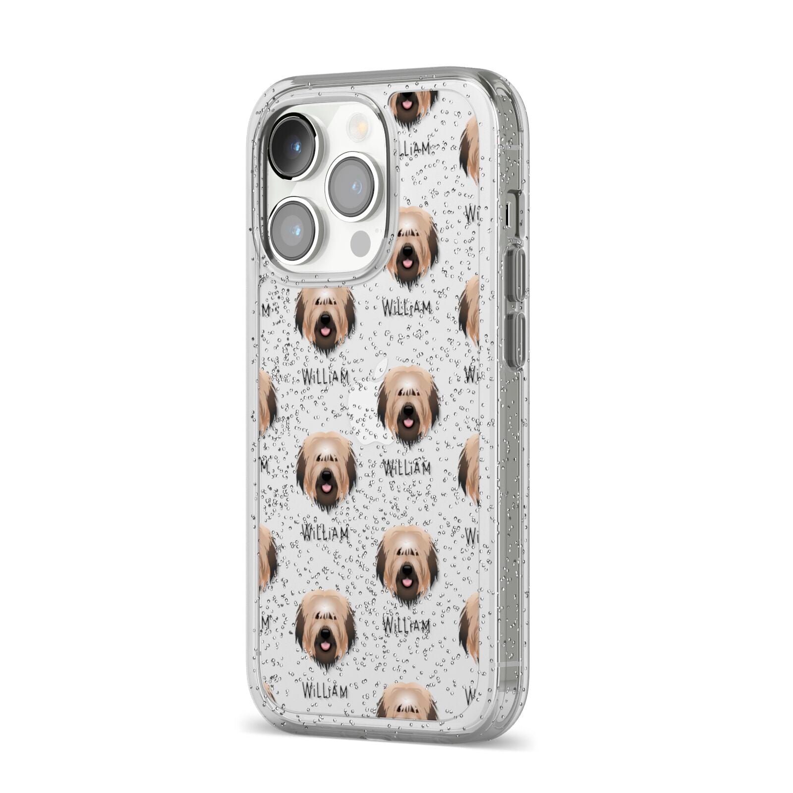 Catalan Sheepdog Icon with Name iPhone 14 Pro Glitter Tough Case Silver Angled Image