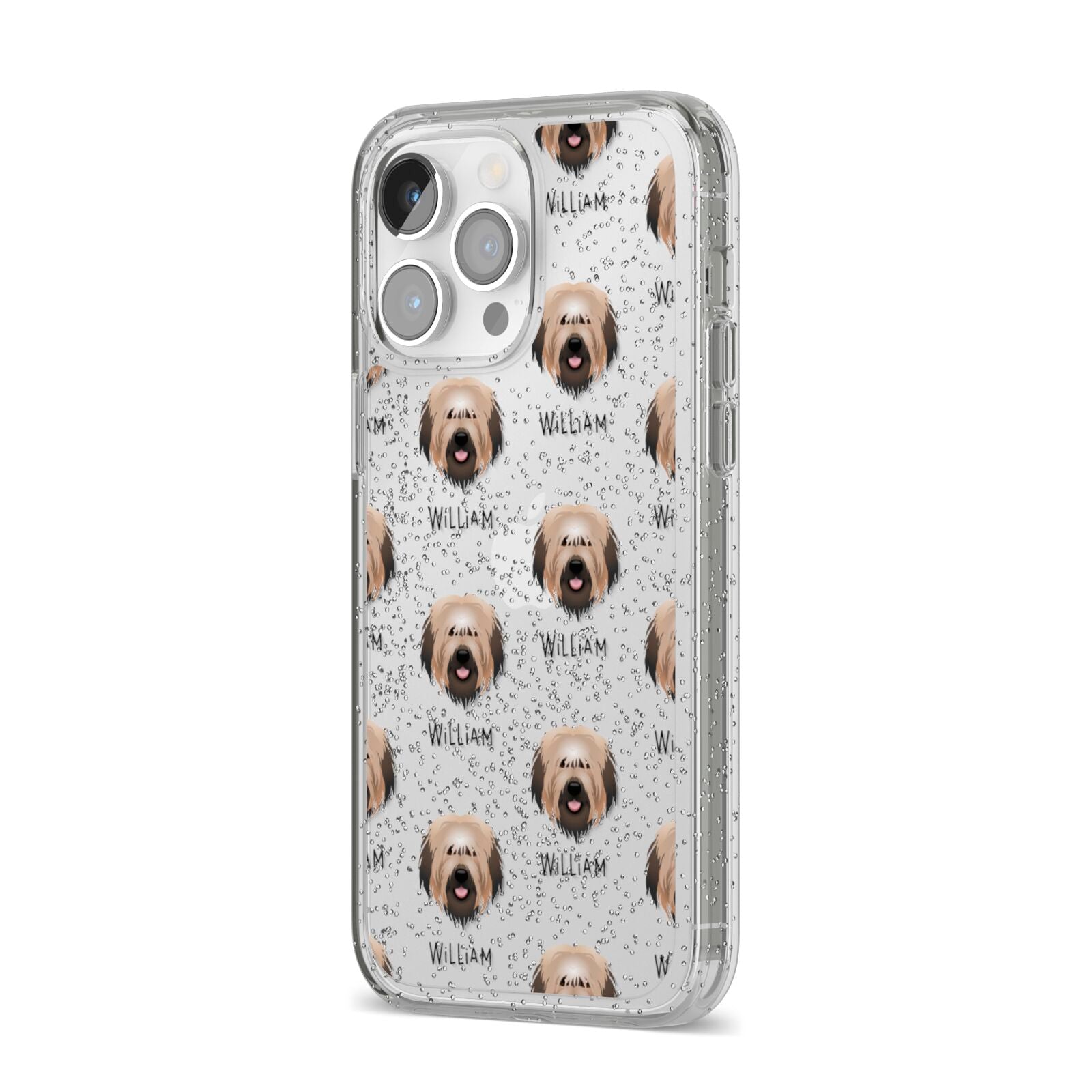Catalan Sheepdog Icon with Name iPhone 14 Pro Max Glitter Tough Case Silver Angled Image